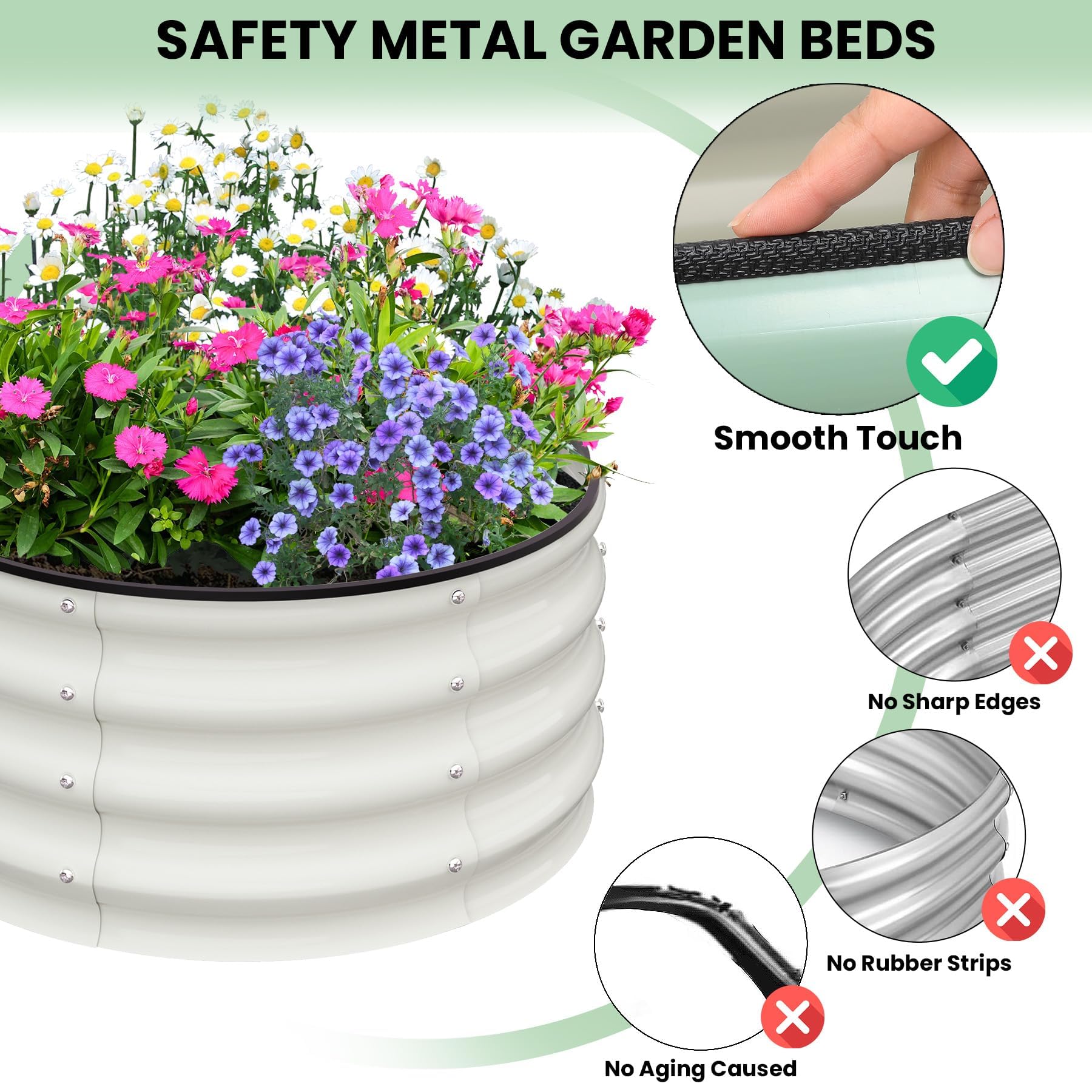 Garvee Set di 2 Letti per Orto Rialzati Tondi in Acciaio Zincato, Ø60 x 30 cm Fioriere da Esterno con Fondo Aperto e Bordo di Sicurezza in Gomma, Letto da Giardino Compatto per Erbe e Fiori, Avorio