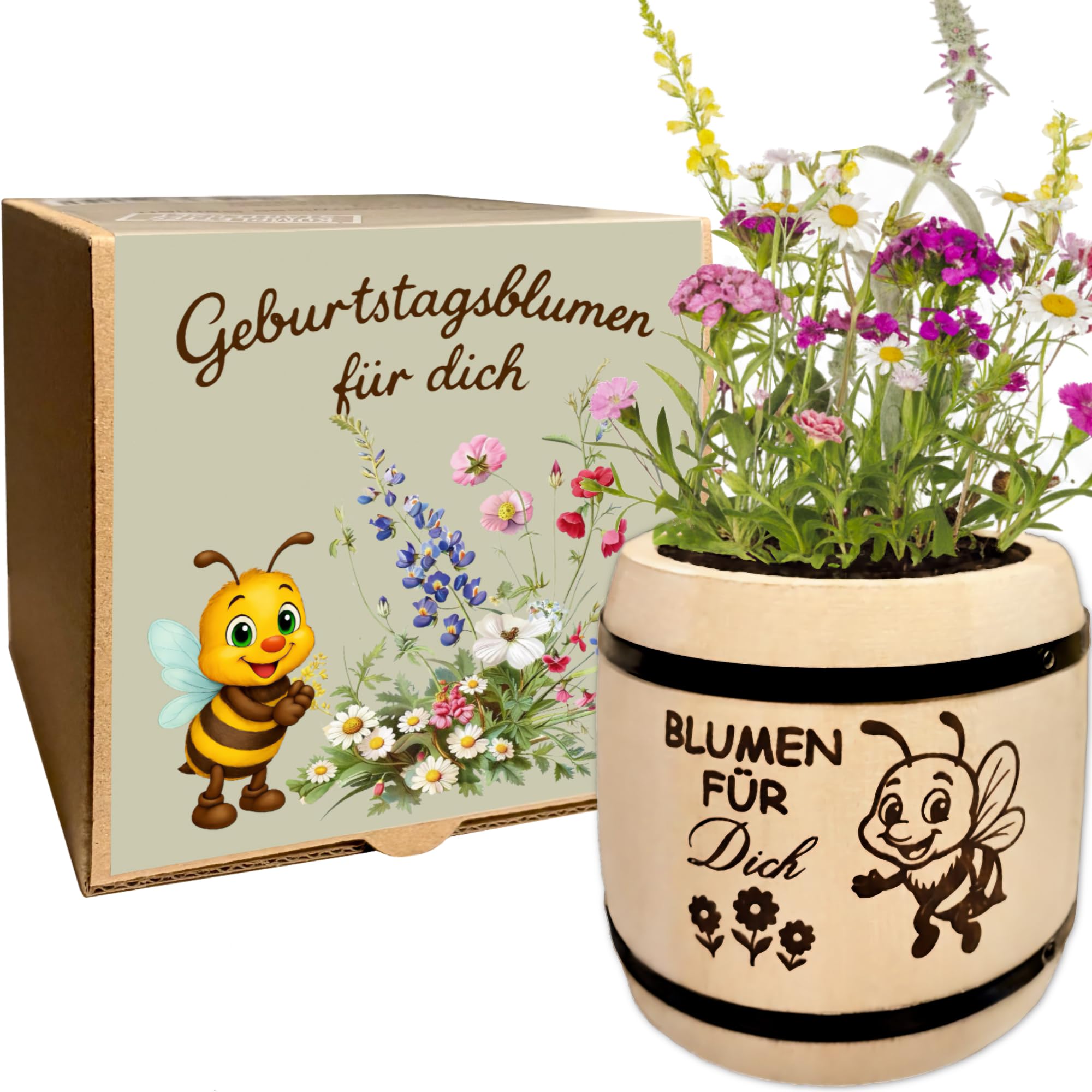 KRONLY Geschenk zum Geburtstag, Geburtstagsblumen Pflanzset mit Holzfass, Geburtstagsgeschenk für Frauen, Blumensamen zum Selbstpflanzen, Geschenktüte, Wundertüte
