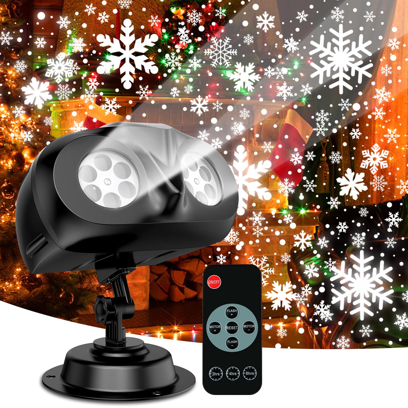 Double-Headed Snowflake Projector Lights, Outdoor/Indoor Christmas Decorations LED Light Projection Lamp with RC, Waterproof White Snowfall for Christmas, Holidays, Parties, Gardens and Yard Decor