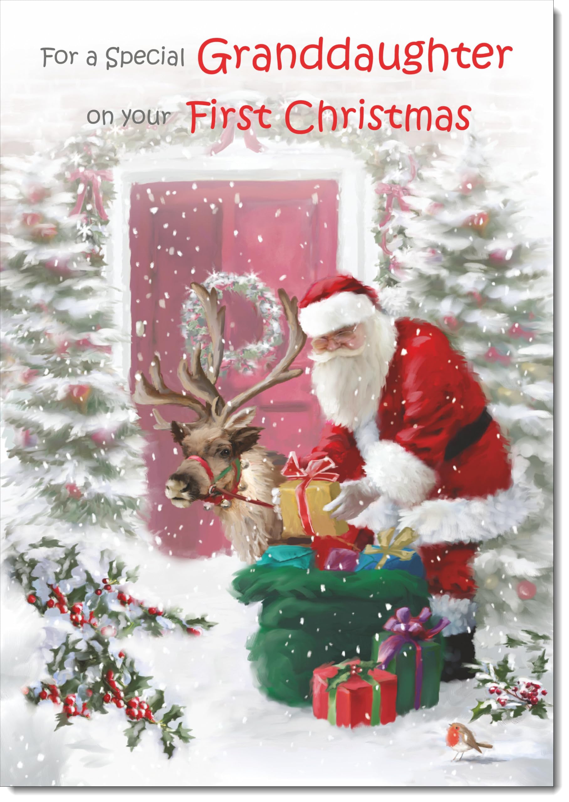 doodlecards Granddaughters 1st First Christmas Card Santa with Parcels Large A4 Size Christmas Card for Granddaughters 1st with Plain Envelope