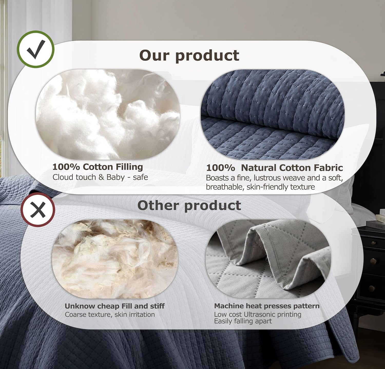 WDCOZY 100% Cotton Queen Size Quilt Set - Dusty Blue Box Pick Stitch Soft Lightweight Bedspread, Textured Like Linen, Farmhouse Country Rustic Coverlet, Shabby Chic Gauze Bedding, 3 Pieces