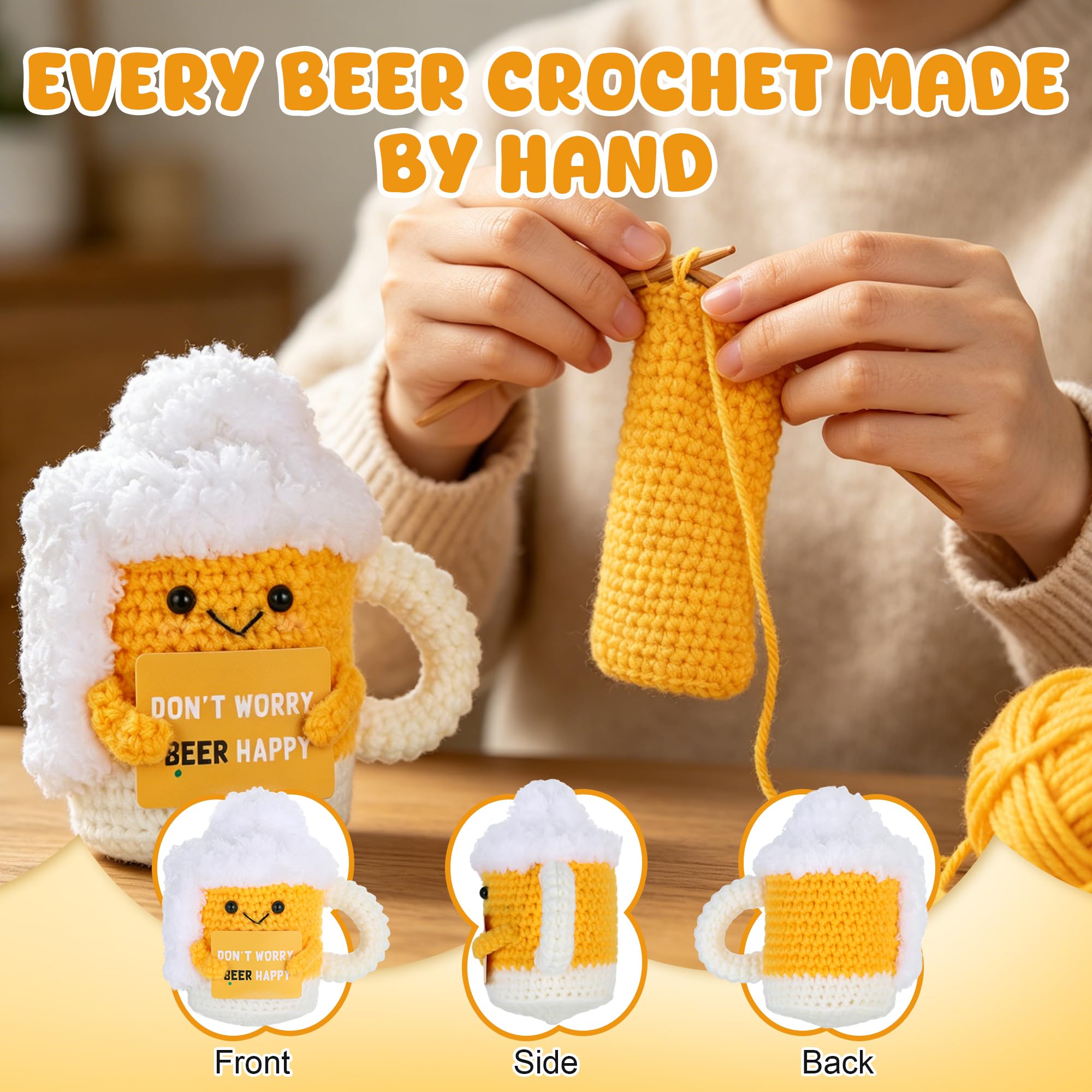Regalo Cerveza Positiva Divertida, Muñecos de Ganchillo Jarra Cerveza con Tarjeta Positiva y 2 Llaveros Abrebotellas, Regalo Creativo Ganchillo para Amantes Cerveza, Familia, Amigos