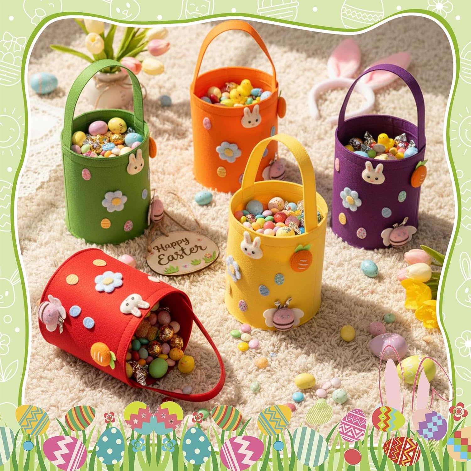 Breling 6 Pcs Large Easter Egg Basket Bulk Easter Bunny Baskets with Handles Reusable Felt Bucket for Candy Gifts Storage Party Favors 10 x 9 x 9 Inch(Rainbow)
