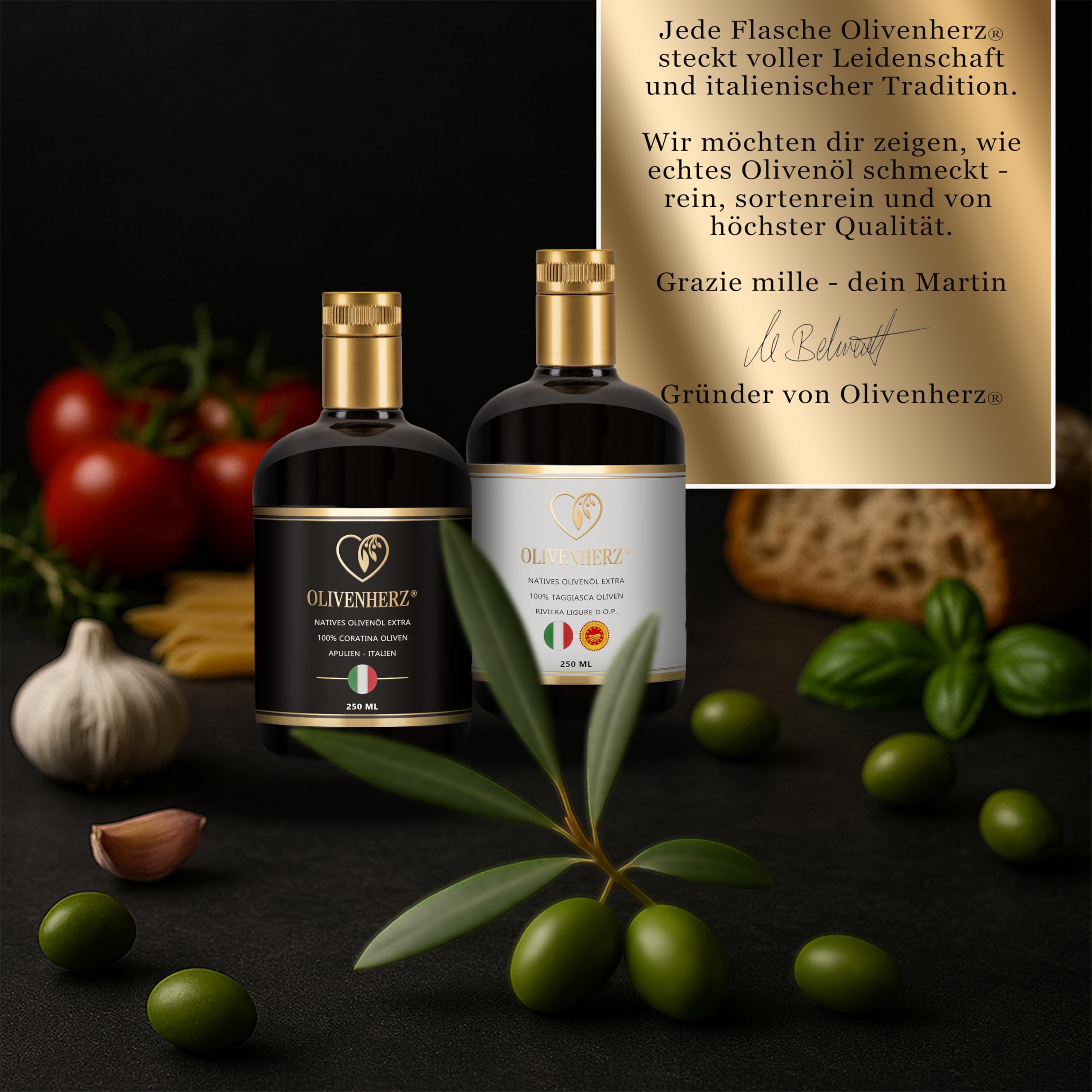 Italienisches Olivenöl Natives Olivenöl Extra Premium Qualität Geschenkset 2 x 250 ml Glasflaschen