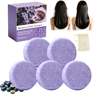 Blueberry Fields Shampoo Balsam Bar Set, rakt hår (5 st) | Vårdande fast hårrengöringsmedel med skumpåsar, schampo balsam bar för att stärka håret, inte fet
