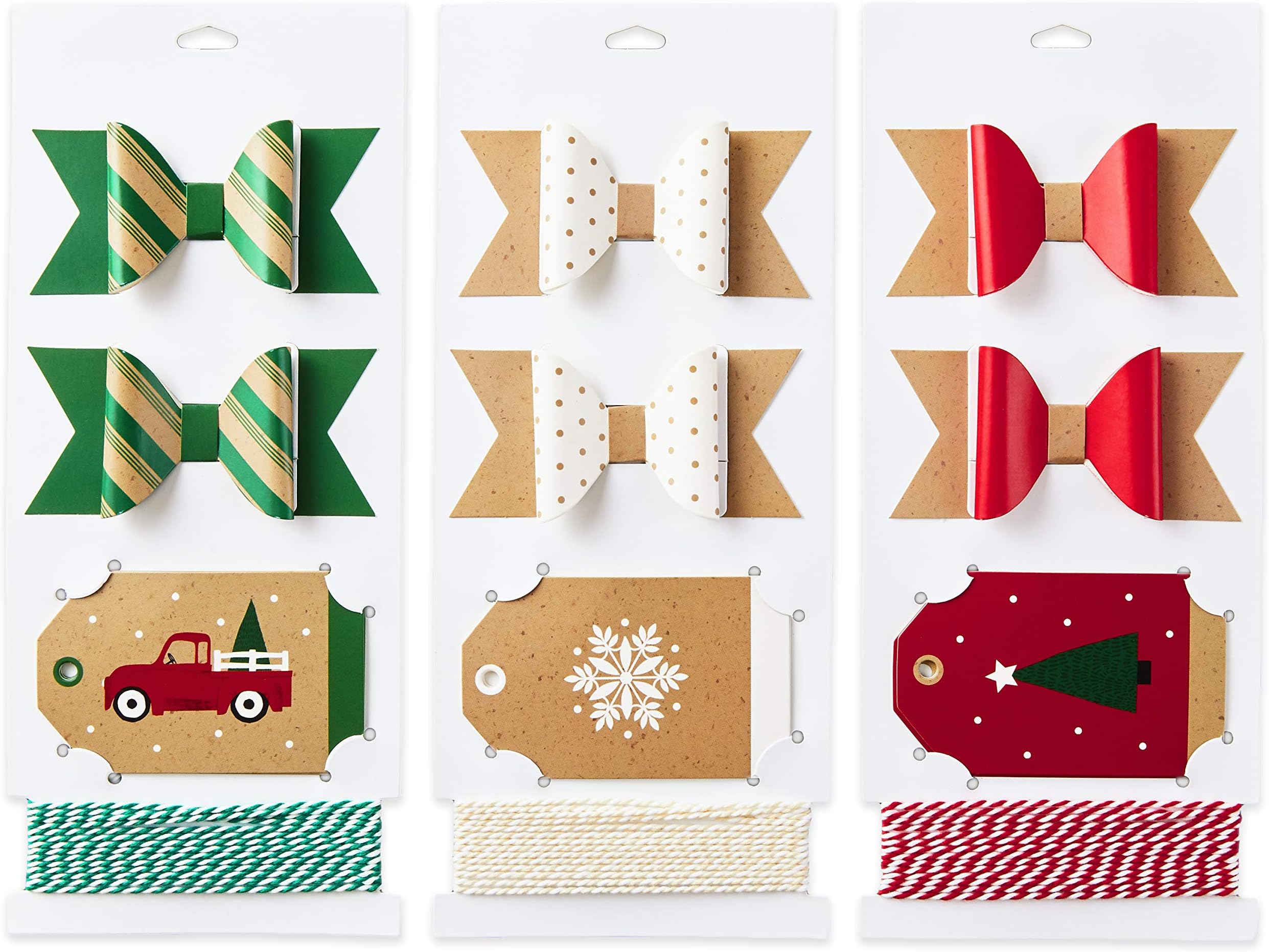 Holiday Gift Wrap Accessory Kit (Red Truck, Tree, Snowflake) 6 Gift Bows, 12 Gift Tags, 9 Yards of Twine - Kraft, Red, Green, White