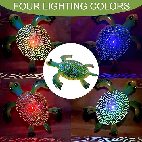 Miniatura 5 de Natelf Estatua de tortuga alimentada por energía solar, decoración para exteriores, arte de animales de metal, impermeable, esculturas al aire libre