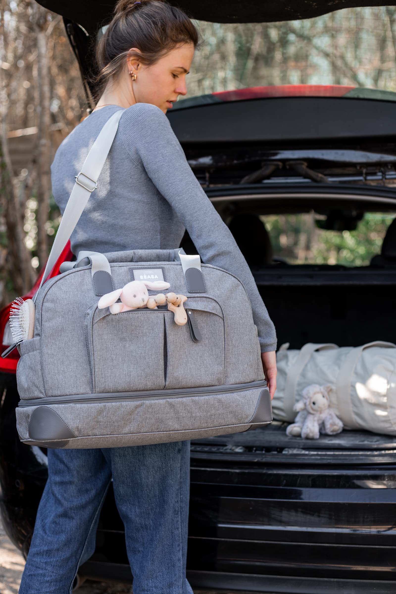 BÉABA, Sac à Langer Amsterdam II, Sac Voyage XXL 50L, Bandoulières Amovibles, Trousse de Toilettes, Matelas à Langer, Sac à Linge Sale, Multiples rangements, Gris Chiné