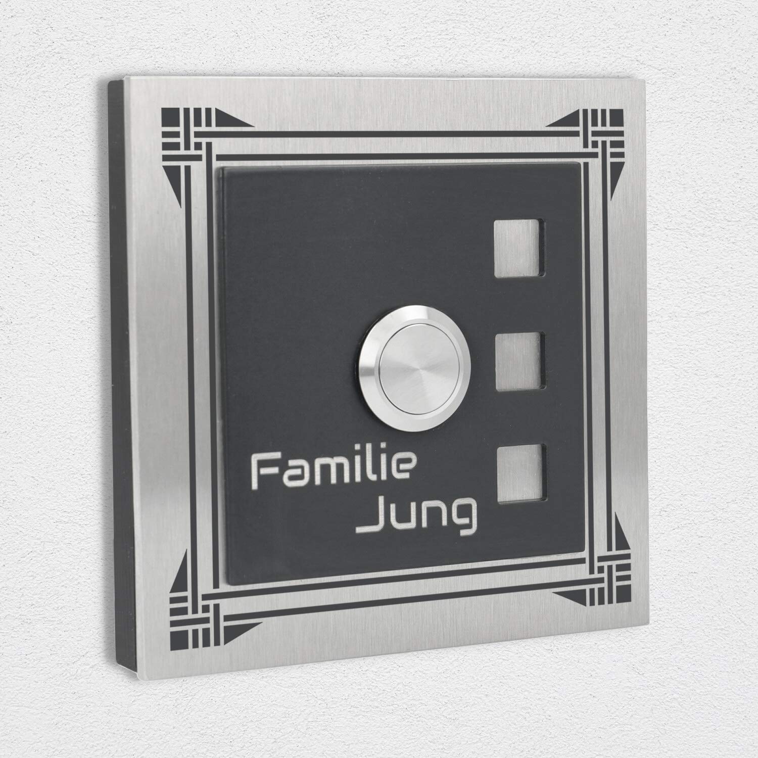 Jung-Edelstahl-Design Aufputz Edelstahl Türklingel Manhattan12AG Klingelschild 10x10 cm. Klingel kabelgebunden mit Gravur. Aufputztürklingel mit LED Klingeltaster aus Edelstahl für Ihre Haustür.