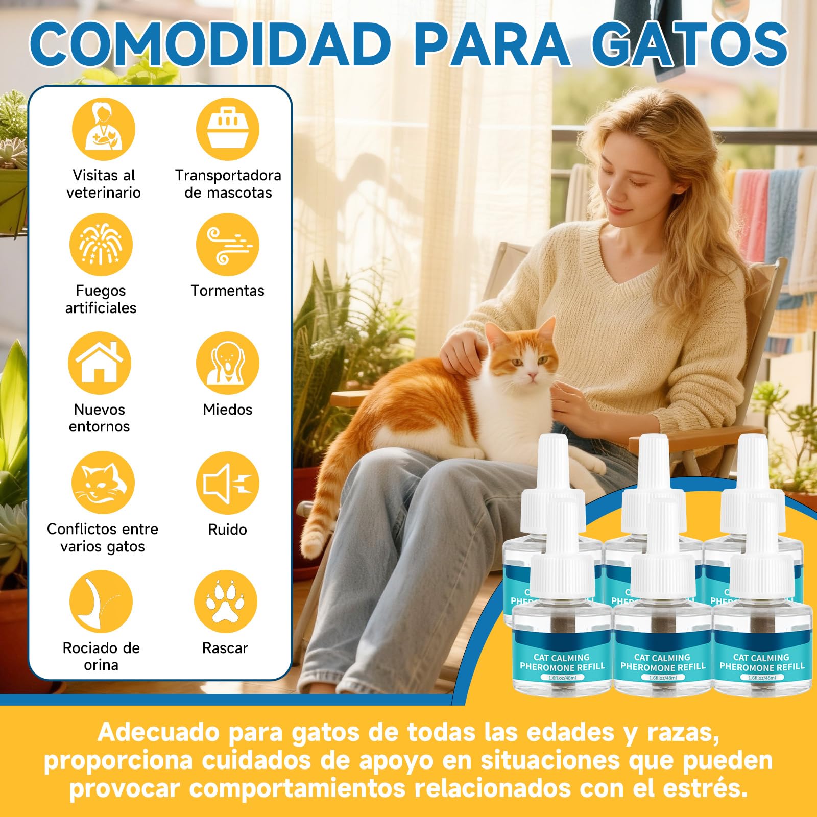 VICSOM 6 Recambios Calmante Feromonas para Gatos, Compatible con Difusores Comunes, Kit Difusor Feromonas Gatos 180 Días para Estrés, Relajación y Ansiedad, para Gatos y Gatitos (48 ml por Recarga)