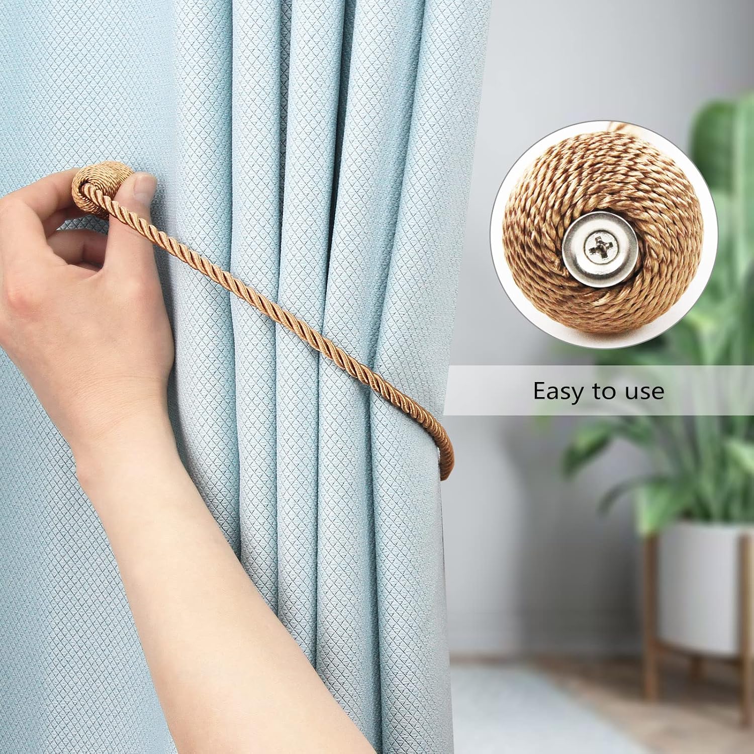 Magnetic Curtain Tiebacks Decorative Rope Curtain Holdbacks Drapes Hangtty | 4 Pack Khaki Elegant Tie Backs Holder Outdoor Window Treatment Holdbacks
