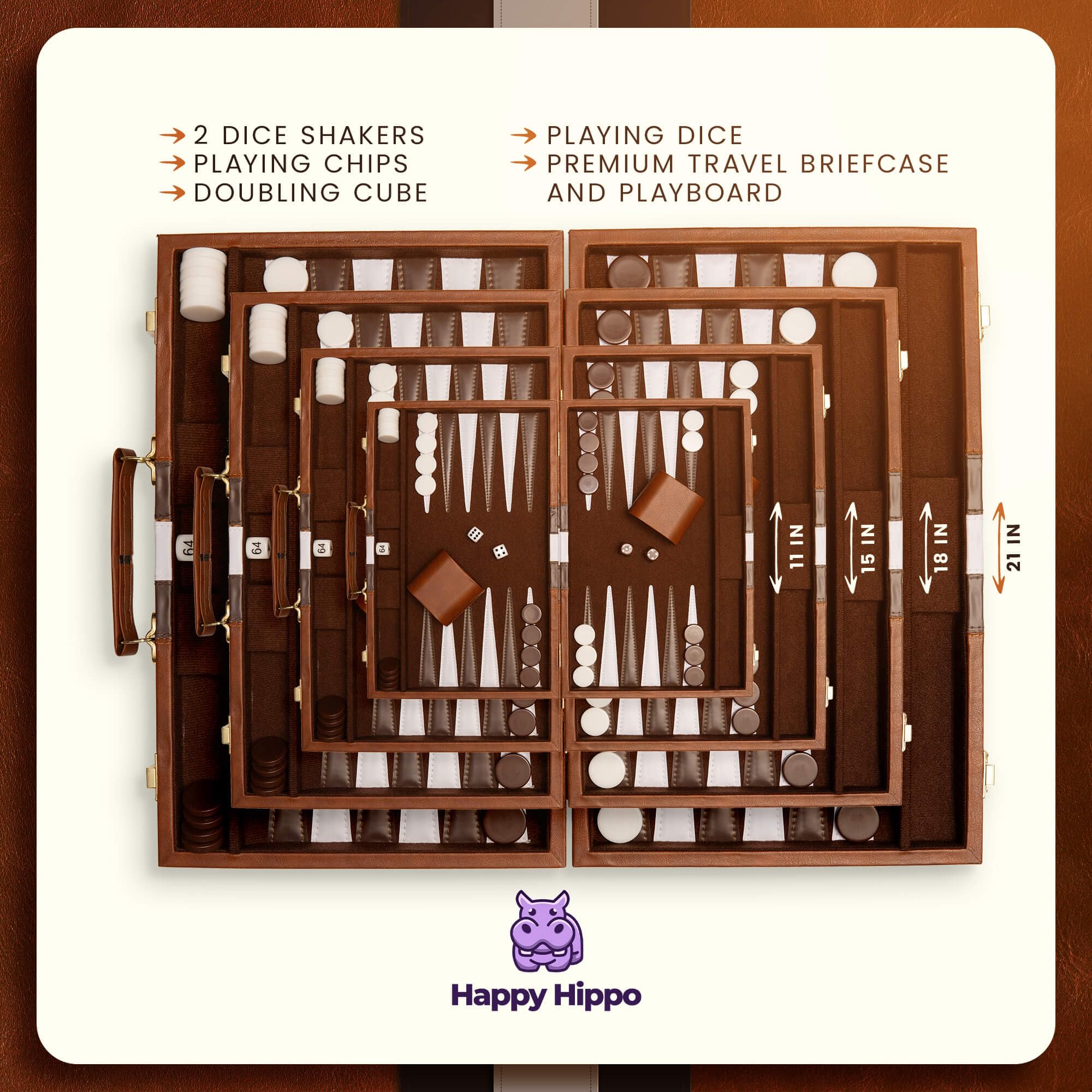 Jeu de société Backgammon - Étui en cuir de luxe - Intérieur en feutre - Marron - Jeu de société populaire - Taille XL (53,3 cm)