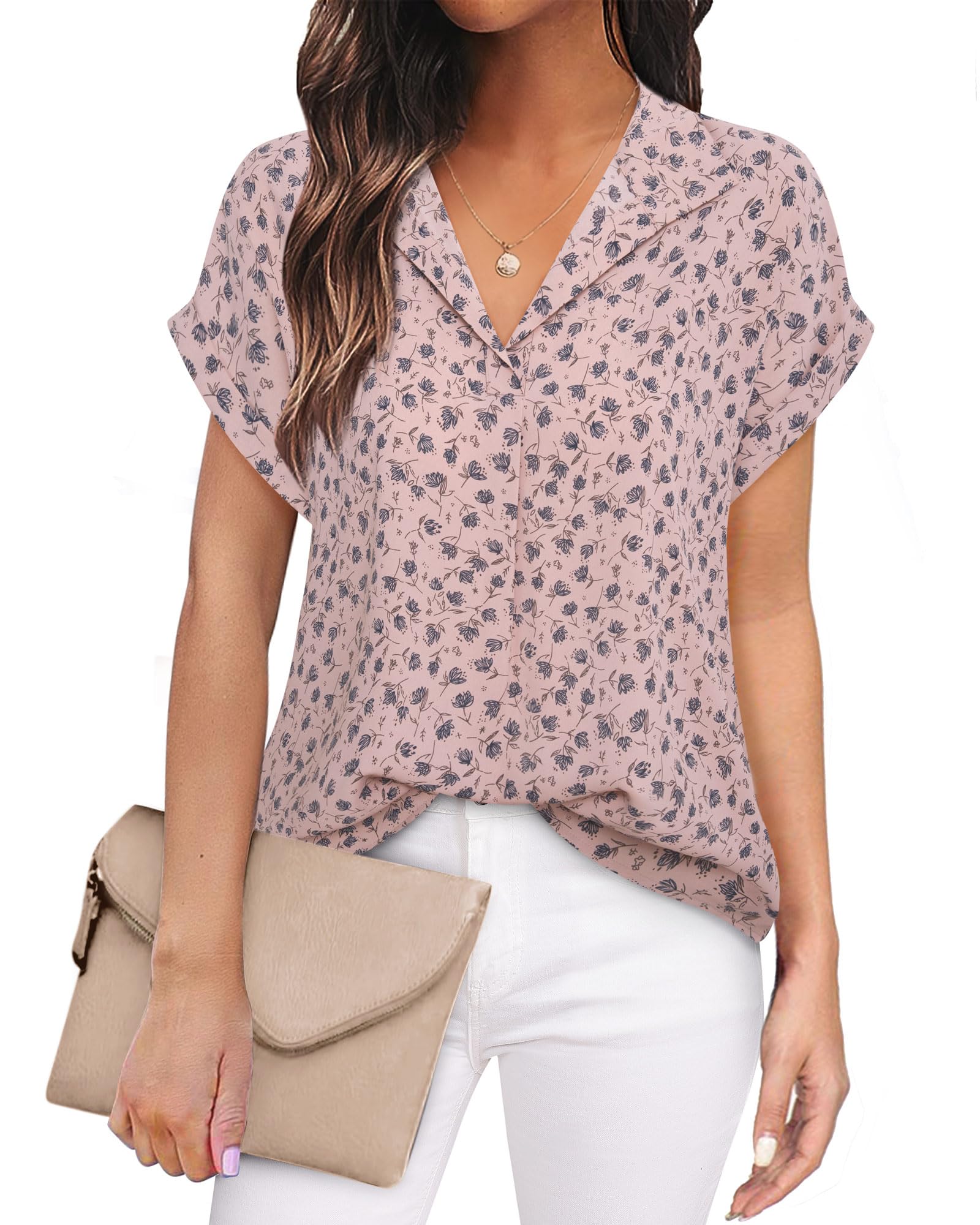 Timeson Women's Short Sleeve Chiffon Blouses for Office Work Business Attire Collared Shirts
