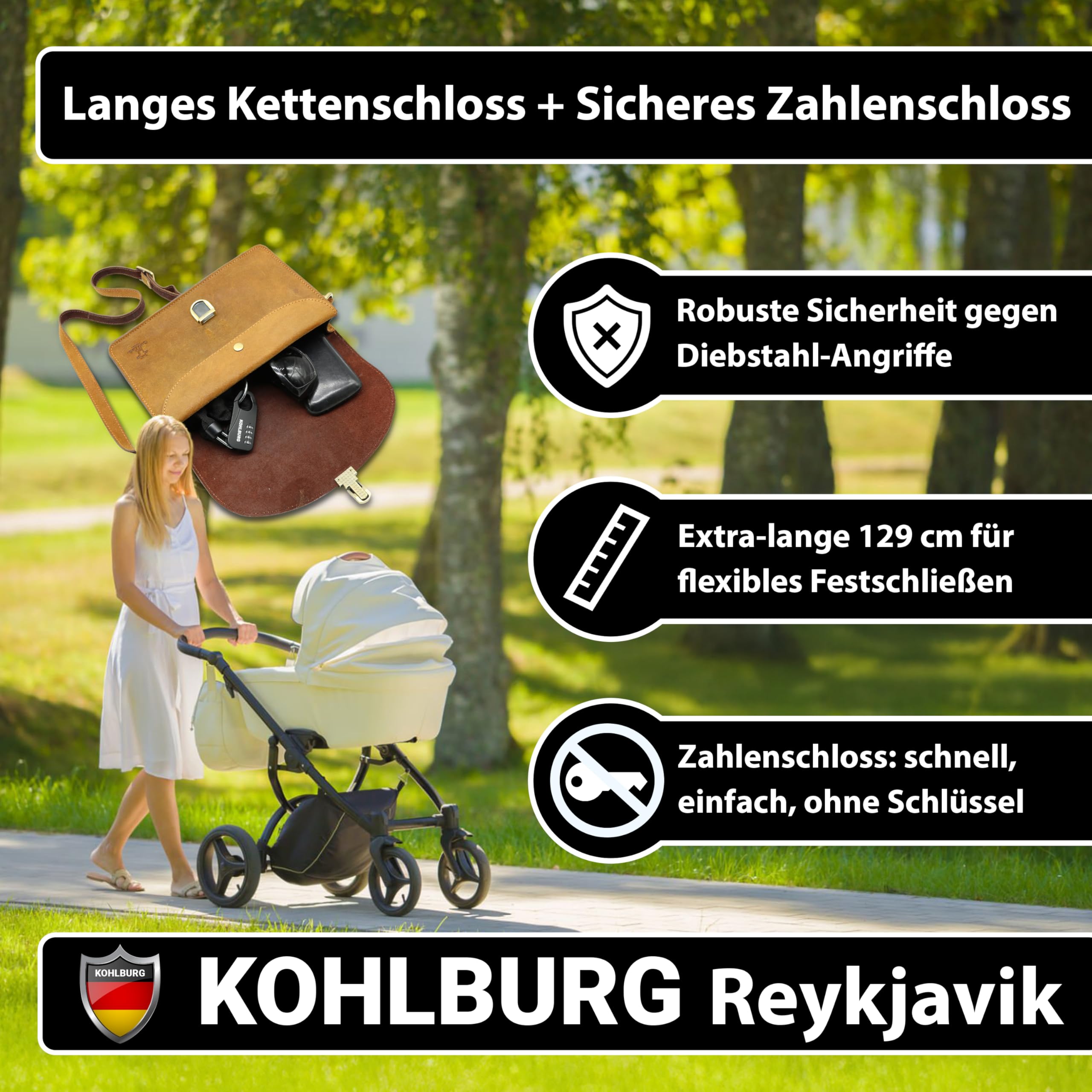 KOHLBURG sicheres + leichtes Taschenschloss mit Zahlencode [129cm lang, 3mm stark] - als Kinderwagenschloss Skischloss Snowboardschloss & Helmschloss Motorrad - Zahlenschloss Fahrrad Kinderwagen