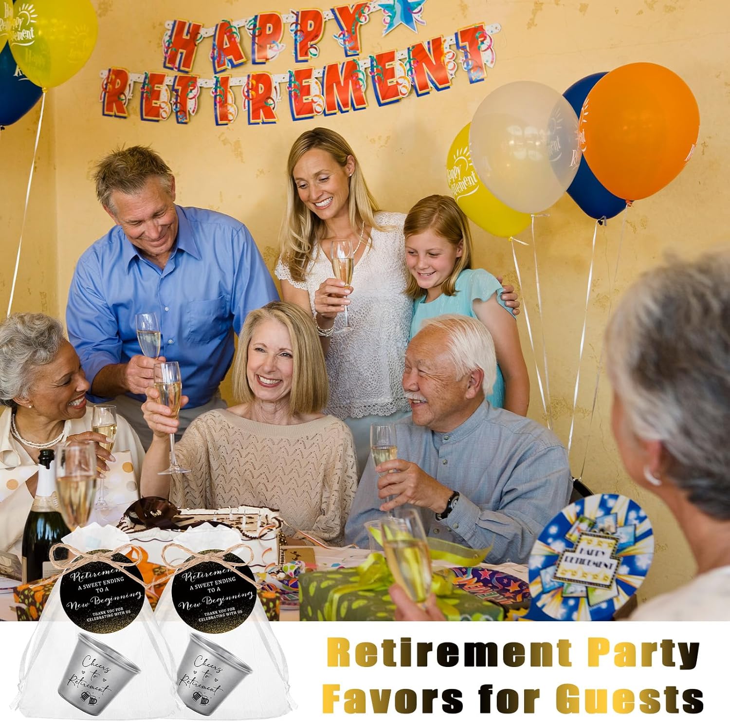Havawish 50 Sets Retirement Party Favors for Guests 1.5 oz Cheers to Retirement Shot Glasses Stainless Steel Shot Cups with Thank You Tags Organza Bag Gifts for Retired Men Women Party Decoration
