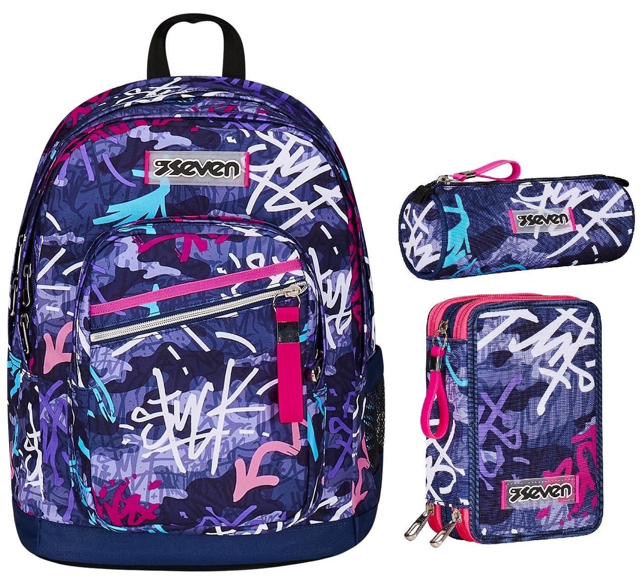 Seven Zaino Scuola Doppio Scomparto New Fit, GraffitiMix Viola Tasca Porta Borraccia, Bambini e Ragazzi + Astuccio 3 Zip + Portpenne