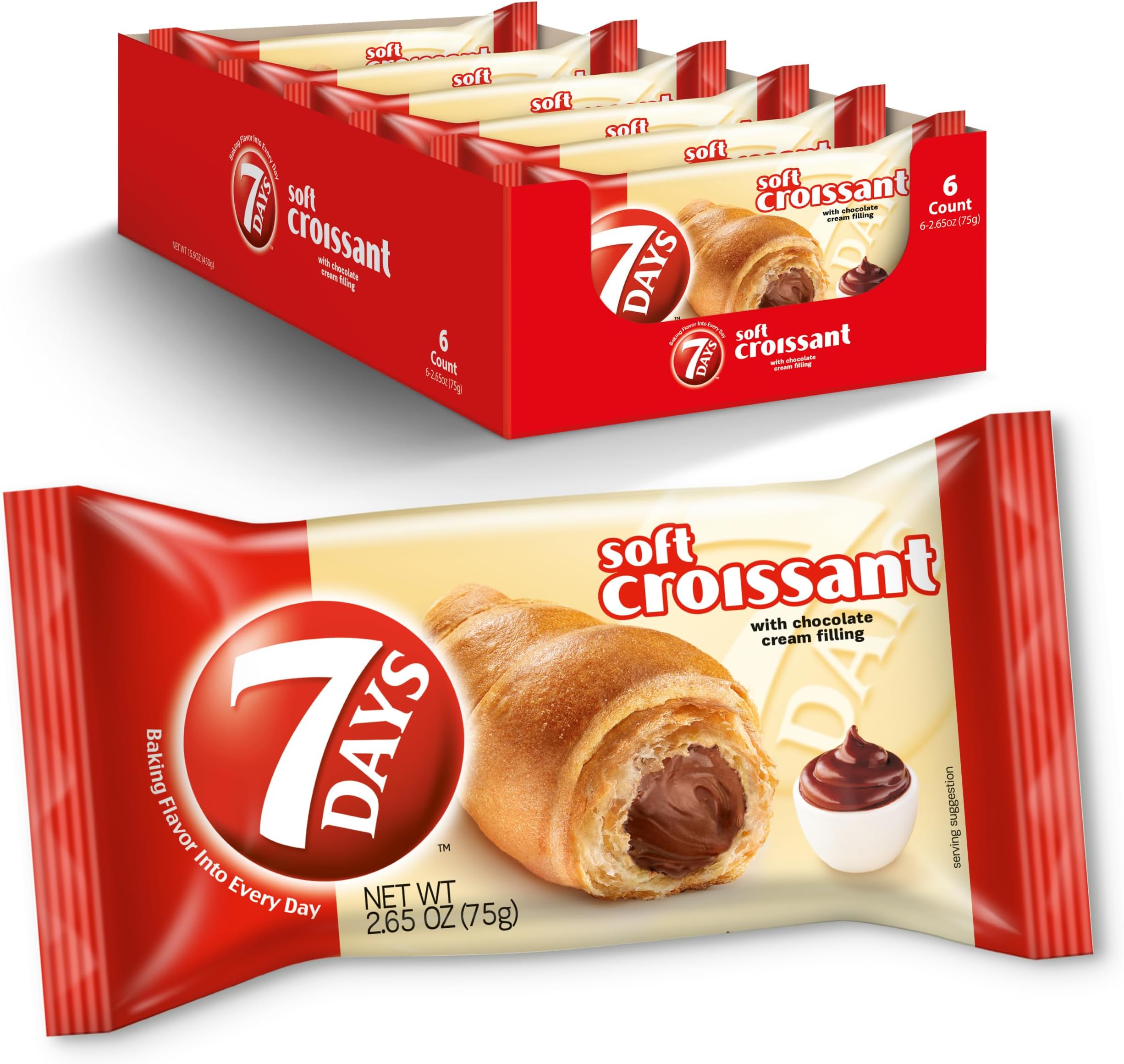 7 Days Soft Croissant, Chocolate Croissant, Breakfast Pastel, Individually Packaged Travel Snack, Non-GMO (Pack of 6)