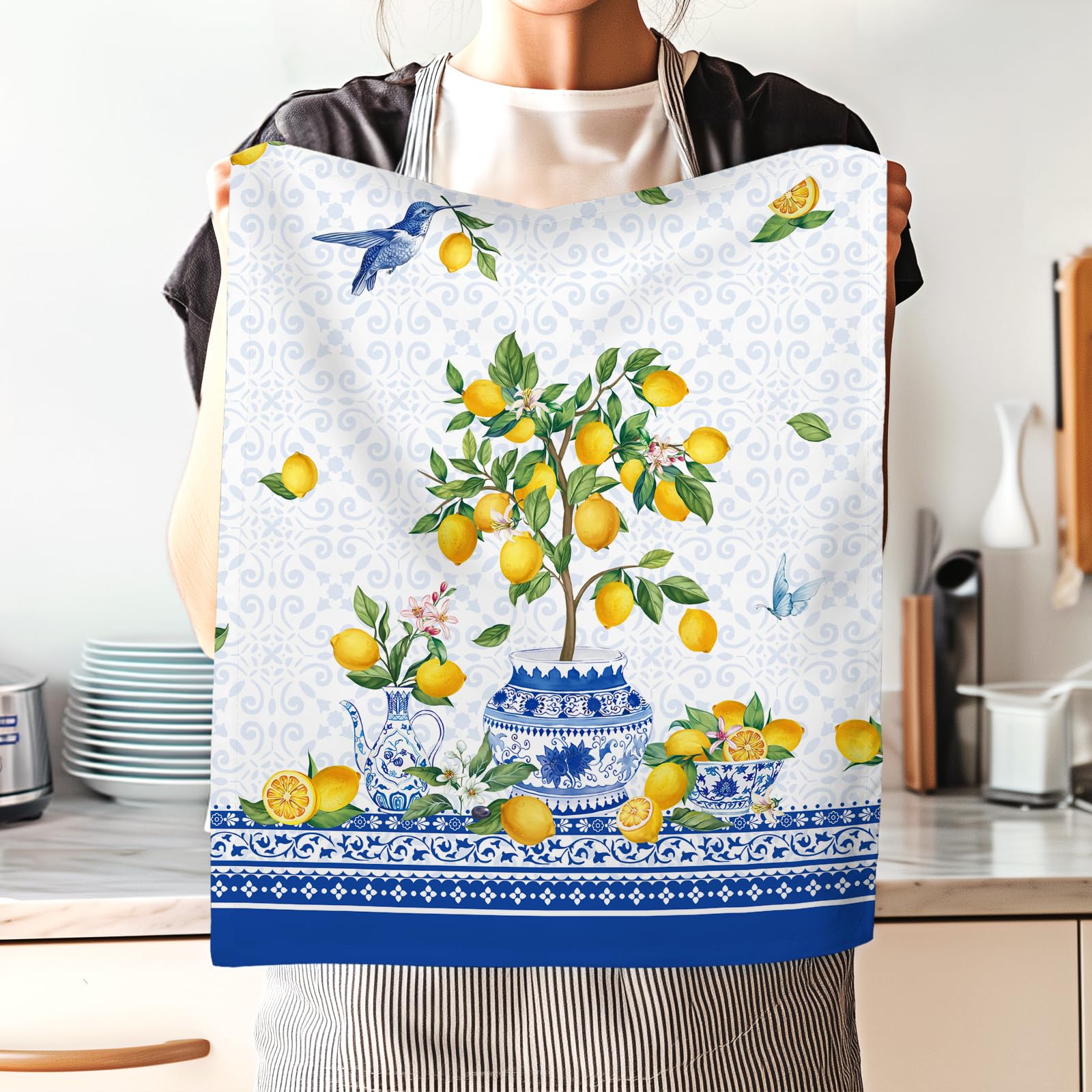 Set 2 Strofinacci Cucina, Limone Estate Chinoiserie 100% Cotone Canovacci Senza Pelucchi Asciugamani Durevole Riutilizzabili Panni Cucina Decorazione Botanica Regali di Vacanza 48 cm x 70 cm