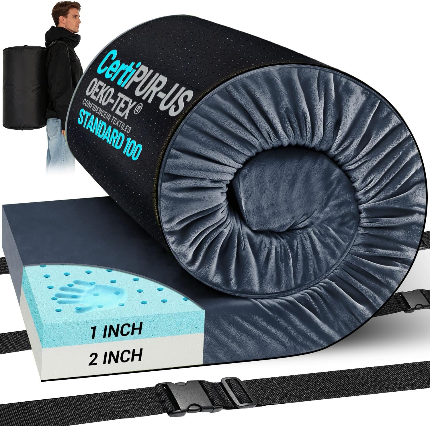 Foam Sleeping Mats for Camping, Breathable Open Cell Design Memory Foam Camping Mattress CertiPUR-US Oeko-TEX Certified 3inch Non-Slip Bottom Portable Roll up Floor Cot Car Bed Mattress Pad Mat