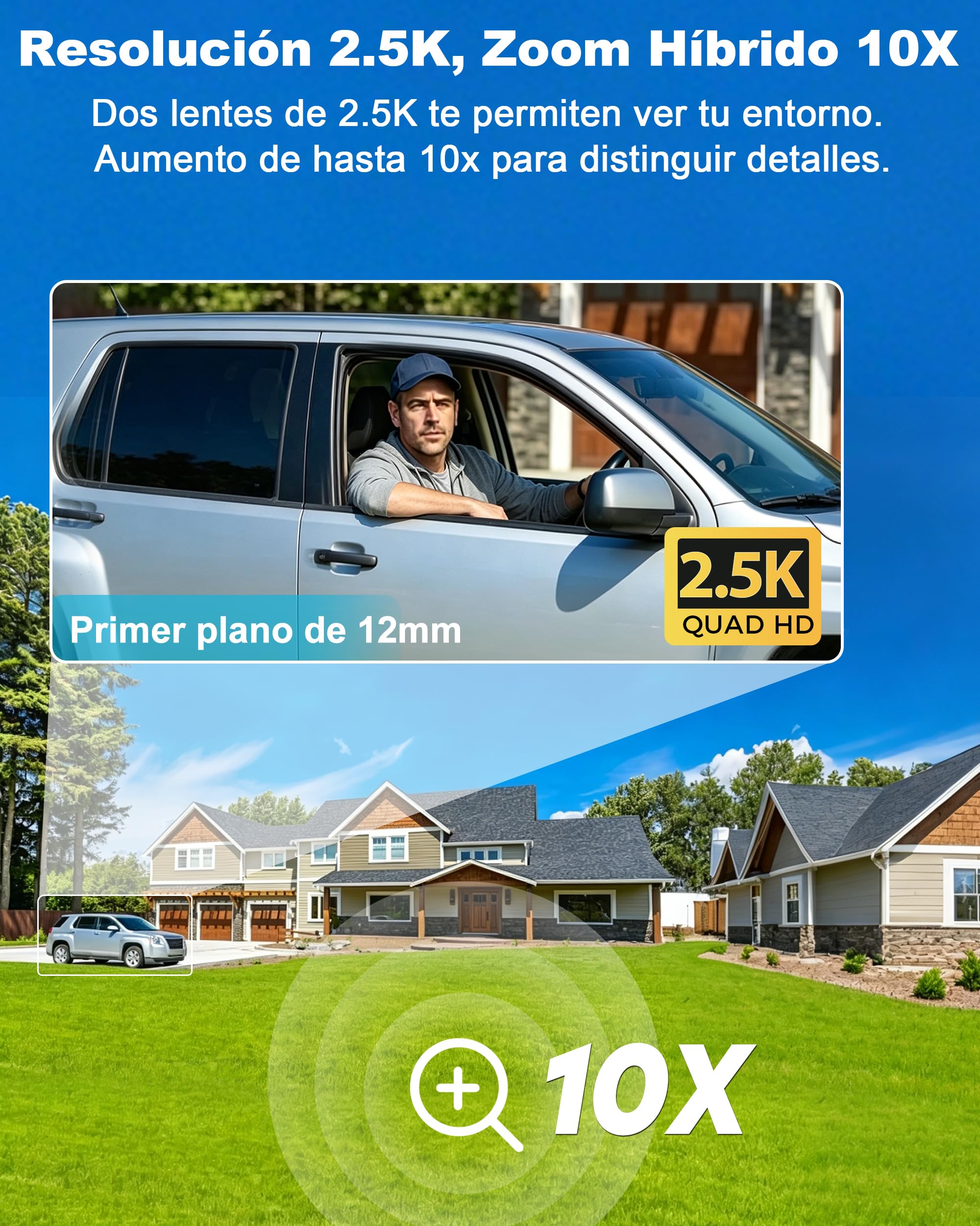 GENBOLT 2.5K PTZ WiFi Cámara Vigilancia Exteriores con PoE,Doble Lente 4MP IP Cámara Seguridad Exterior 10X Zoom Híbrido,Color Nocturno,Seguimiento Automático y Detección de Humanoides(2.4&5GHz) | Zoom híbrido 10X, grabación 24/7, CC y POE, cámara PTZ, no