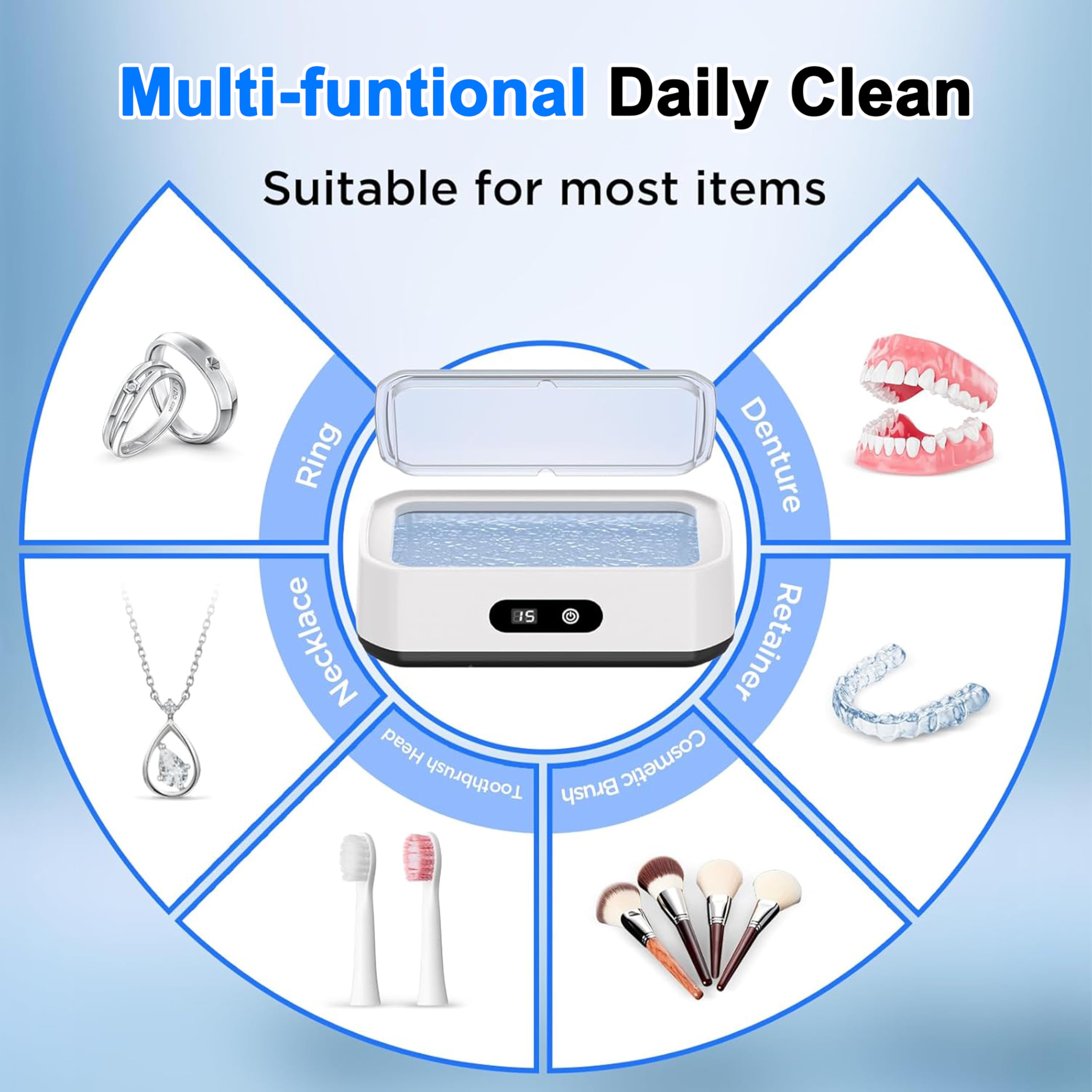 Limpiador ultrasónico de 49 kHz, gran capacidad de 650 ml, temporizador digital LED de 5 niveles, depósito interior de acero inoxidable 304, ideal para gafas, joyas, prótesis dentales, relojes