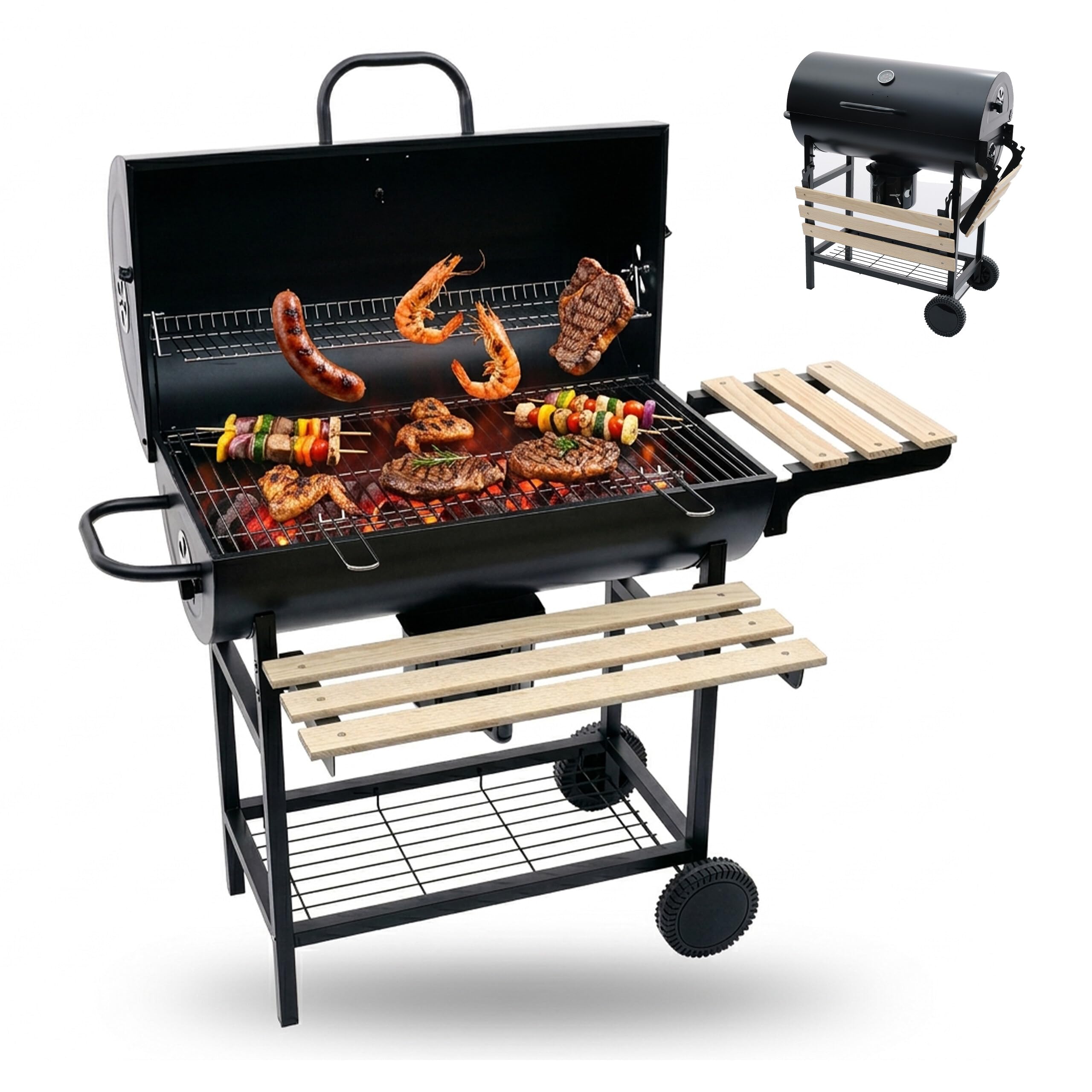 Barbecue a Carbone Relaxdays con Coperchio e termometro, 95x114,5x69 cm, Acciaio Verniciato a Polvere, Carrello