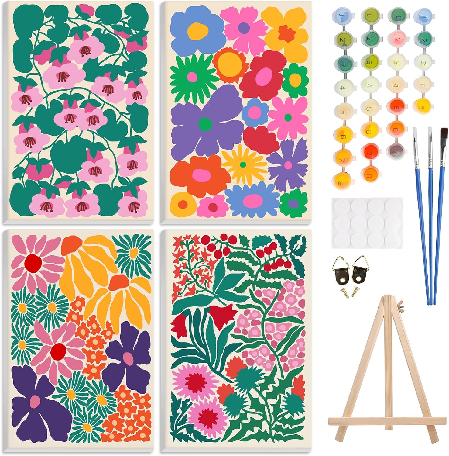 4 Pack Paint by Number Kit for Adults Framed Canvas, DIY Adult Paint by Number Kits with Easel, Acrylic Easy Paint by Numbers for Beginners, Flower Arts and Crafts for Home Decor 8x12inch Flower03