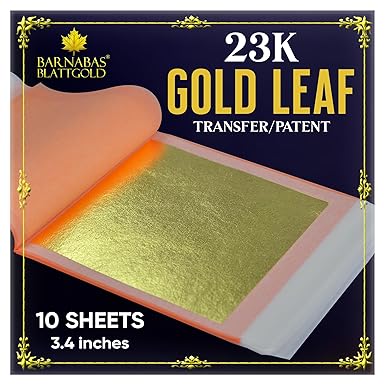 Gold Leaf by Barnabas Blattgold - 23K Genuine Gold Leaf Sheets, 10 Transfer Gold Foil Sheets 3.4 inch, Real Gold Leaf Foil Sheets, Gold Leaf Sheets for Craft, Gold Leaf Sheets for Art