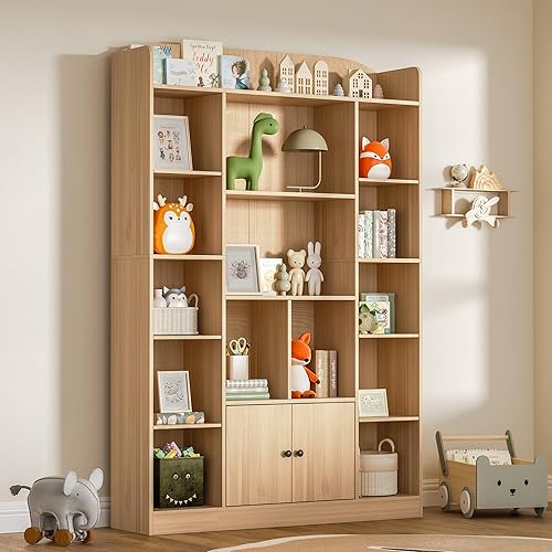 Miniatura 4 de DIYART Estantería de roble de 71 pulgadas de alto, estantería de 5 niveles con 14 cubos y 2 gabinetes, estantes independientes de almacenamiento de