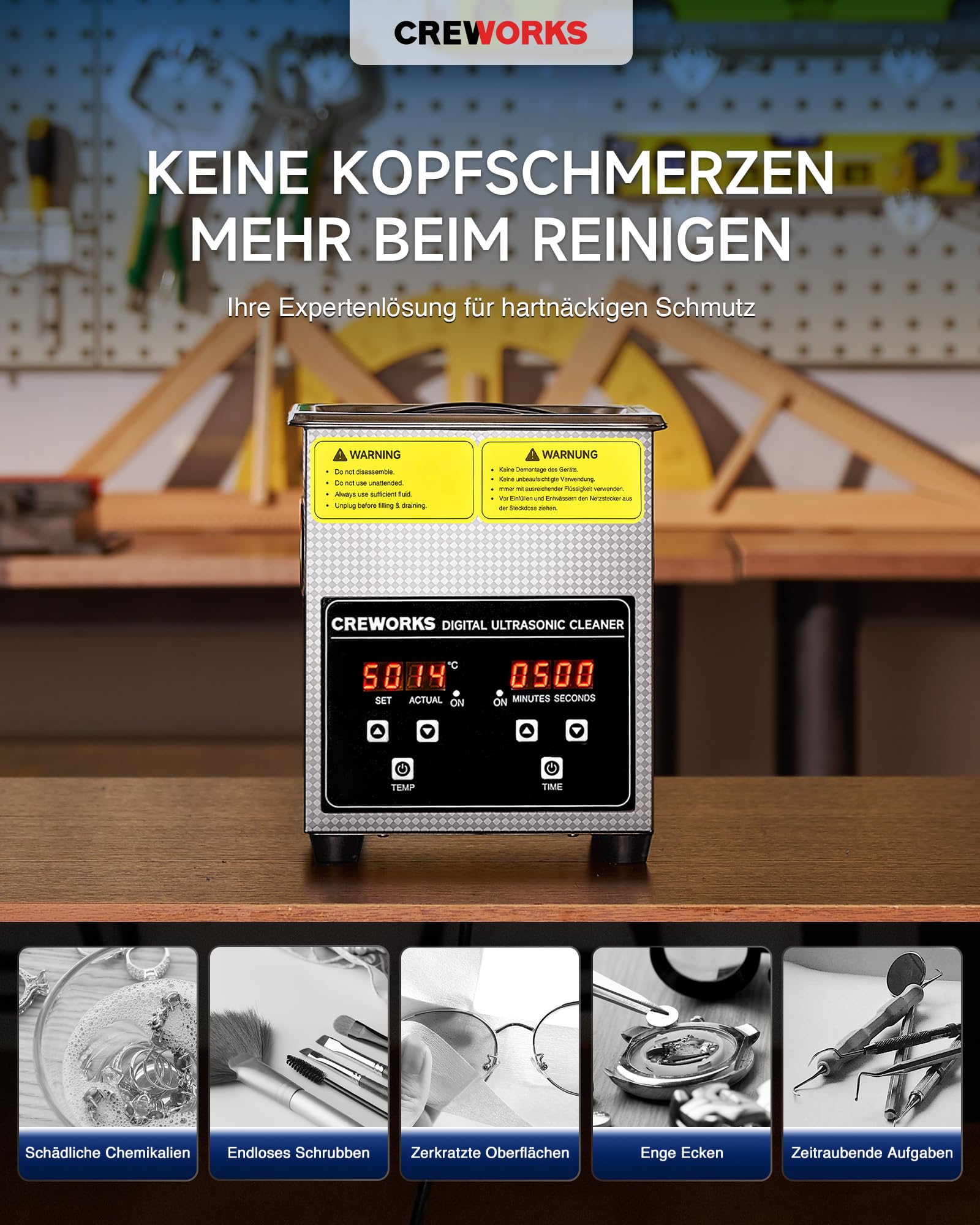 CREWORKS Ultraschallreinigungsgerät 2L (Echtes Volumen) Ultraschallgerät Ultraschallreiniger Edelstahl mit Heizung & Digital Timer für Brillen, Schmuck, Uhren, Zahnprothesen, Münzen, inkl. Korb
