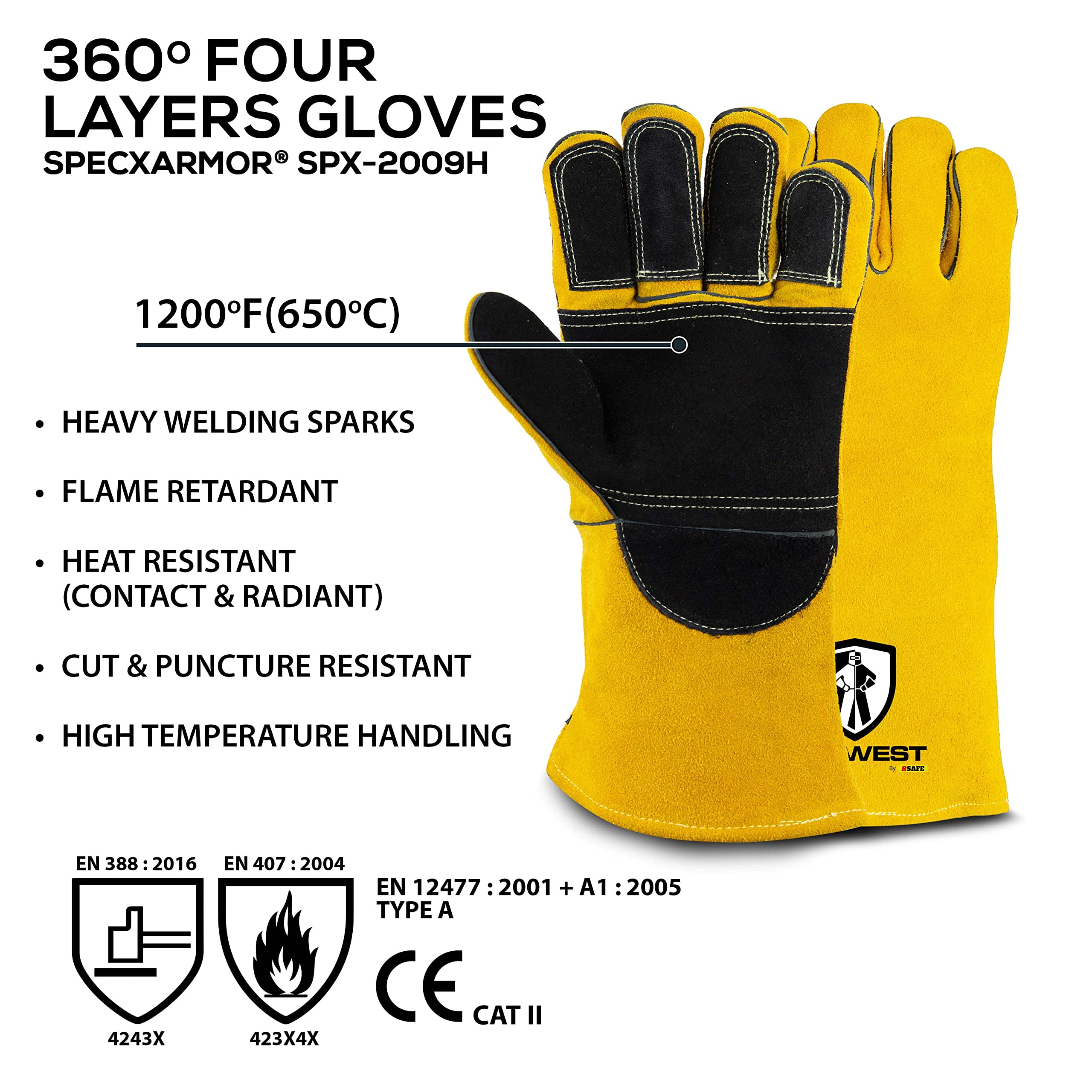 SpecxArmor Guantes de soldadura de 14 pulgadas, Calor/Llama/Forja/Palo, Manoplas de horno/Manipulación de ollas/Horno/Parrilla/Fuego/Estufa/Tig Mig /BBQ/Animal (Palma grande y doble reforzada)