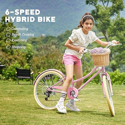 Miniatura 2 de Glerc 20 24 26 Inch Beach Cruiser Bike, 6-Speed Hybrid City Bicycle for Girls Youth and Over 6 Years Old, Missy Bike with Wicker Basket &