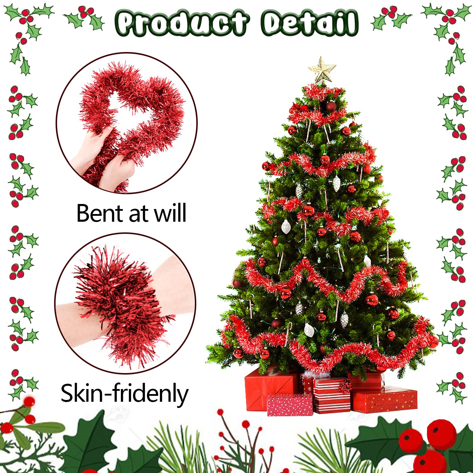 Espumillon Arbol Navidad, 20M/ Paquete de 10 Guirnalda Navidad Metálico Oropeles Brillantes Espumillón Navidad Guirnaldas Navideñas Decoración para Boda Fiesta Hogar Interior y Exterior Rojo