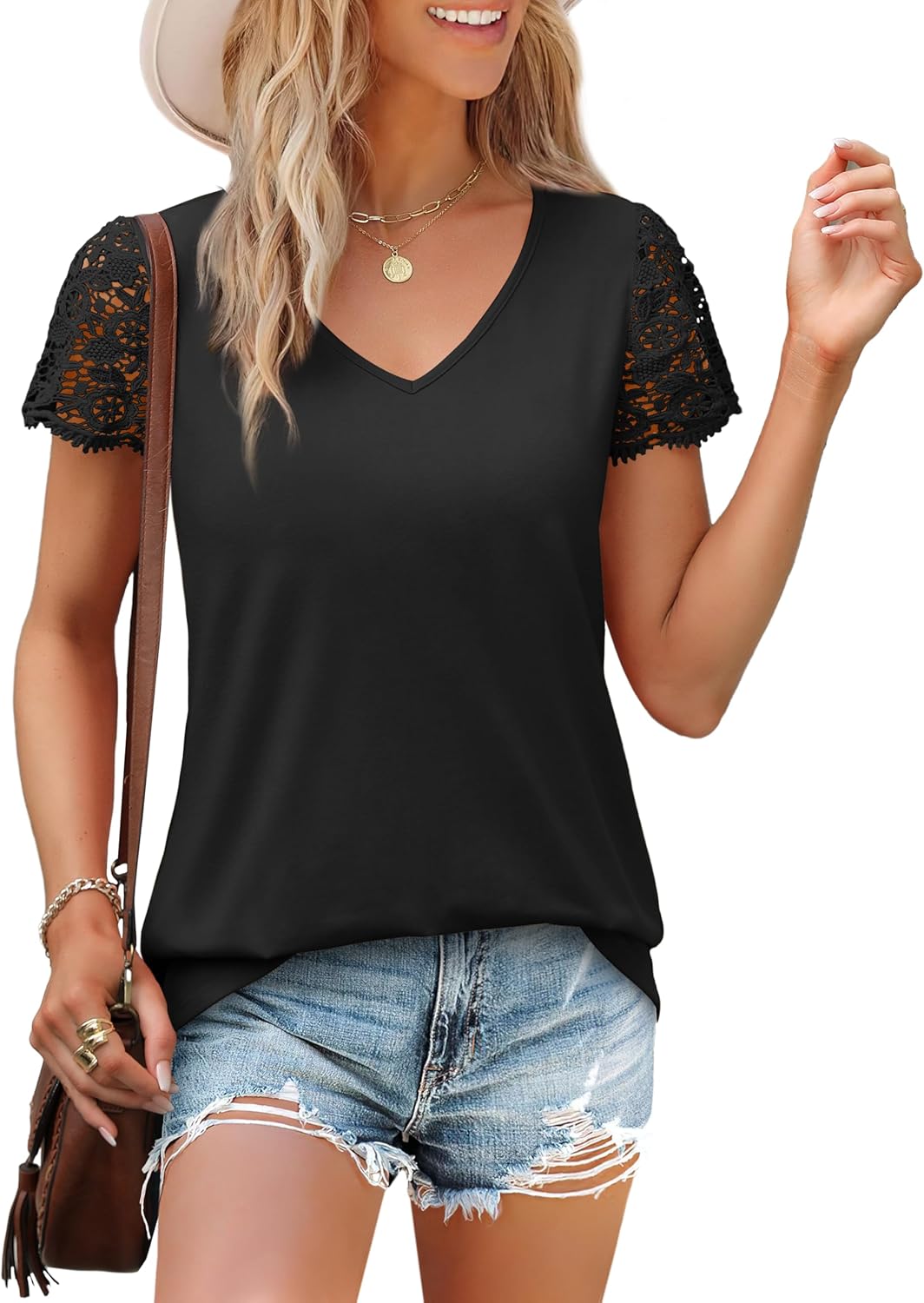 SAMPEEL Womens Tshirts Trendy Fashion Tops Lace Short Sleeve Business Tee Shirts Casual Knitted Blouses Summer Outfits 2025