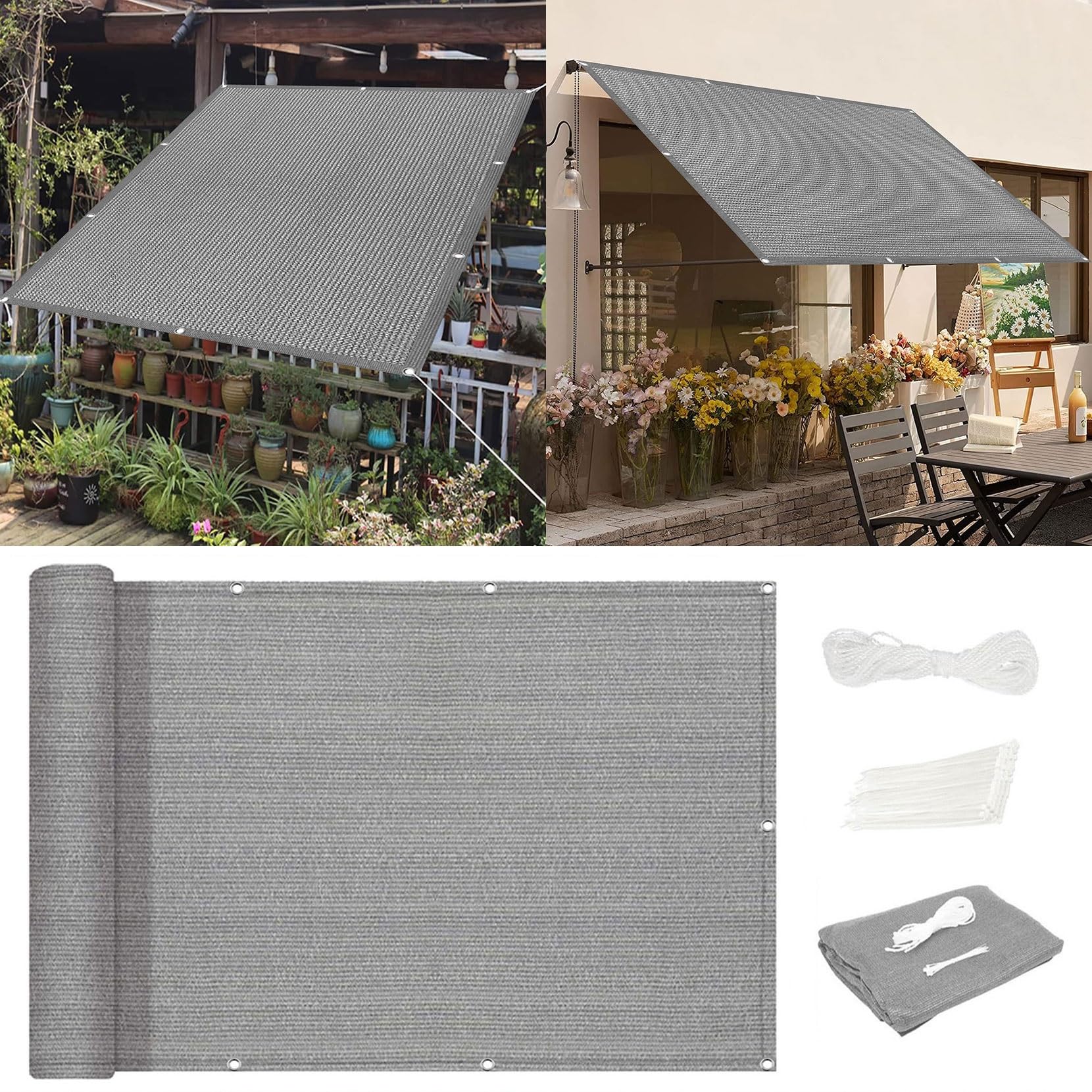 LYGBAOFUL Duży żagiel przeciwsłoneczny 360 x 400 cm Oddychająca tkanina przeciwsłoneczna na zewnątrz z linami montażowymi Ochrona anty UV na patio w ogrodzie Idealny na imprezy plenerowe Jasnoszary