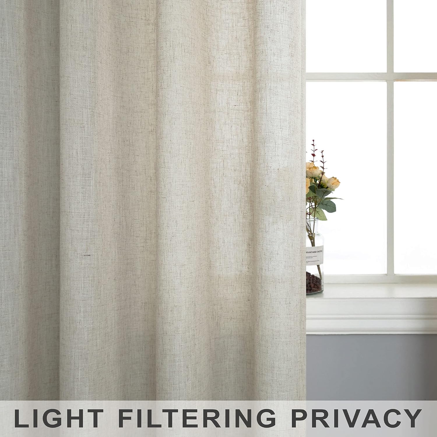 Flax Linen Long Sheer Curtains 120 Length for Dining Room 2 Panels Rod Pocket Window Treatment Cotton Textured Drapes Semi Privacy Beige Curtains for Sliding Glass Door Bedroom Living 52x120 Long