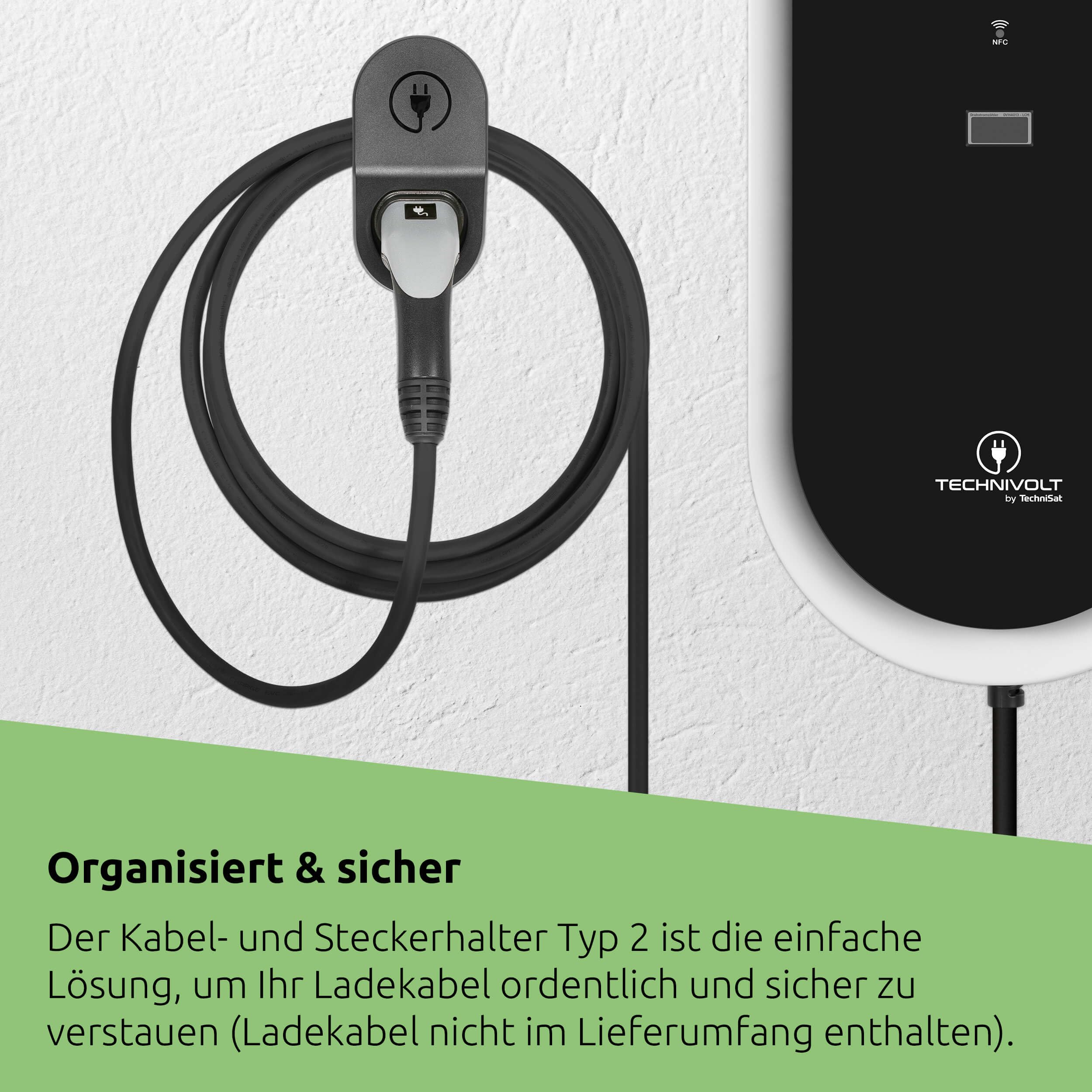TechniSat TECHNIVOLT Uchwyt na kabel i wtyczkę Typ 2 (uchwyt ścienny do kabla ładującego, wieszak na kabel i uchwyt na wtyczkę w jednym, z akcesoriami montażowymi) czarno-biały