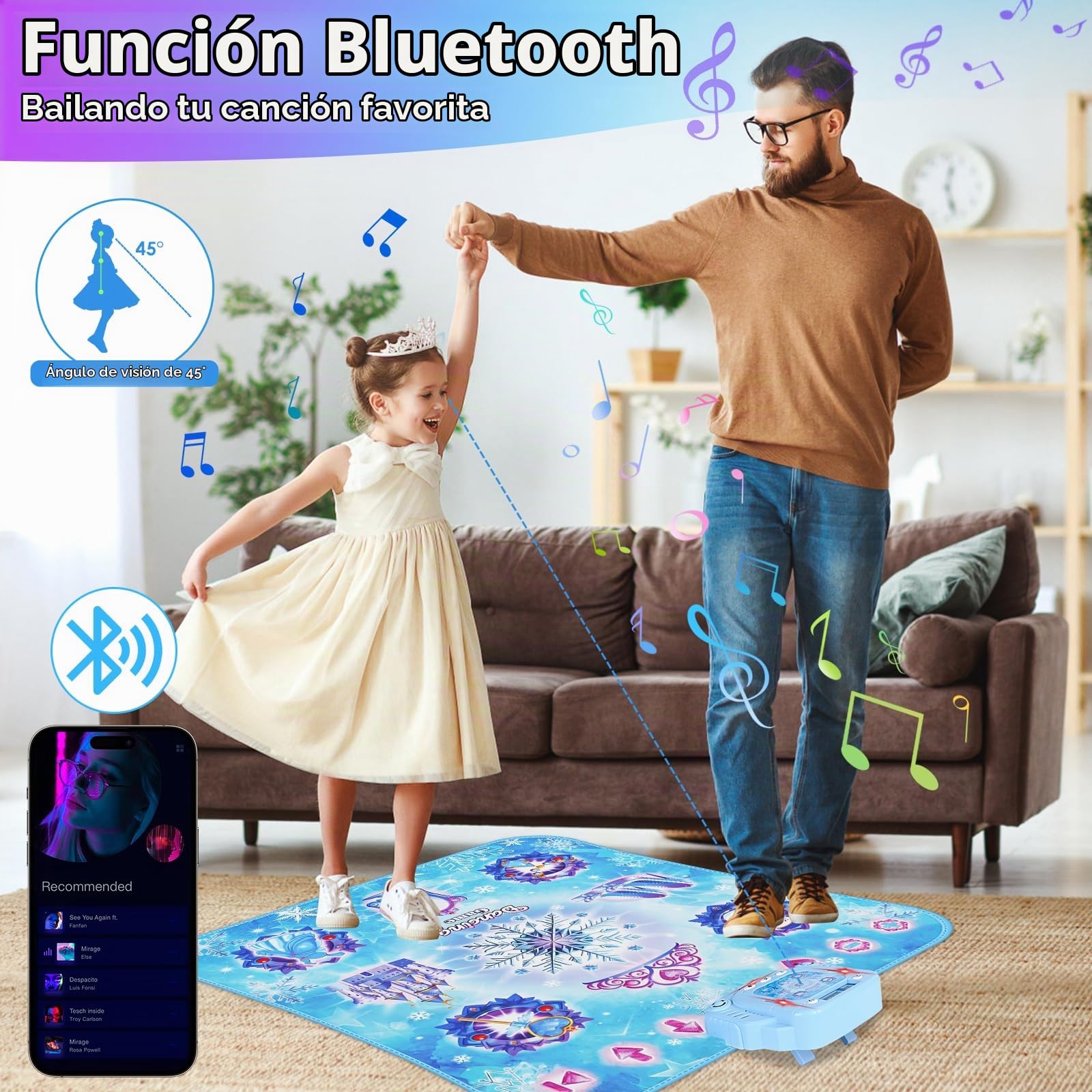 GuKKK Alfombra de Baile para Niños, Alfombra de Baile Juguete Niña con Bluetooth, Música Alfombrilla de Baile, Regalo Cumpleaños Navidad para Niñas Niños 3 4 5 6 7 8 9+ años,100x90cm (Azul)