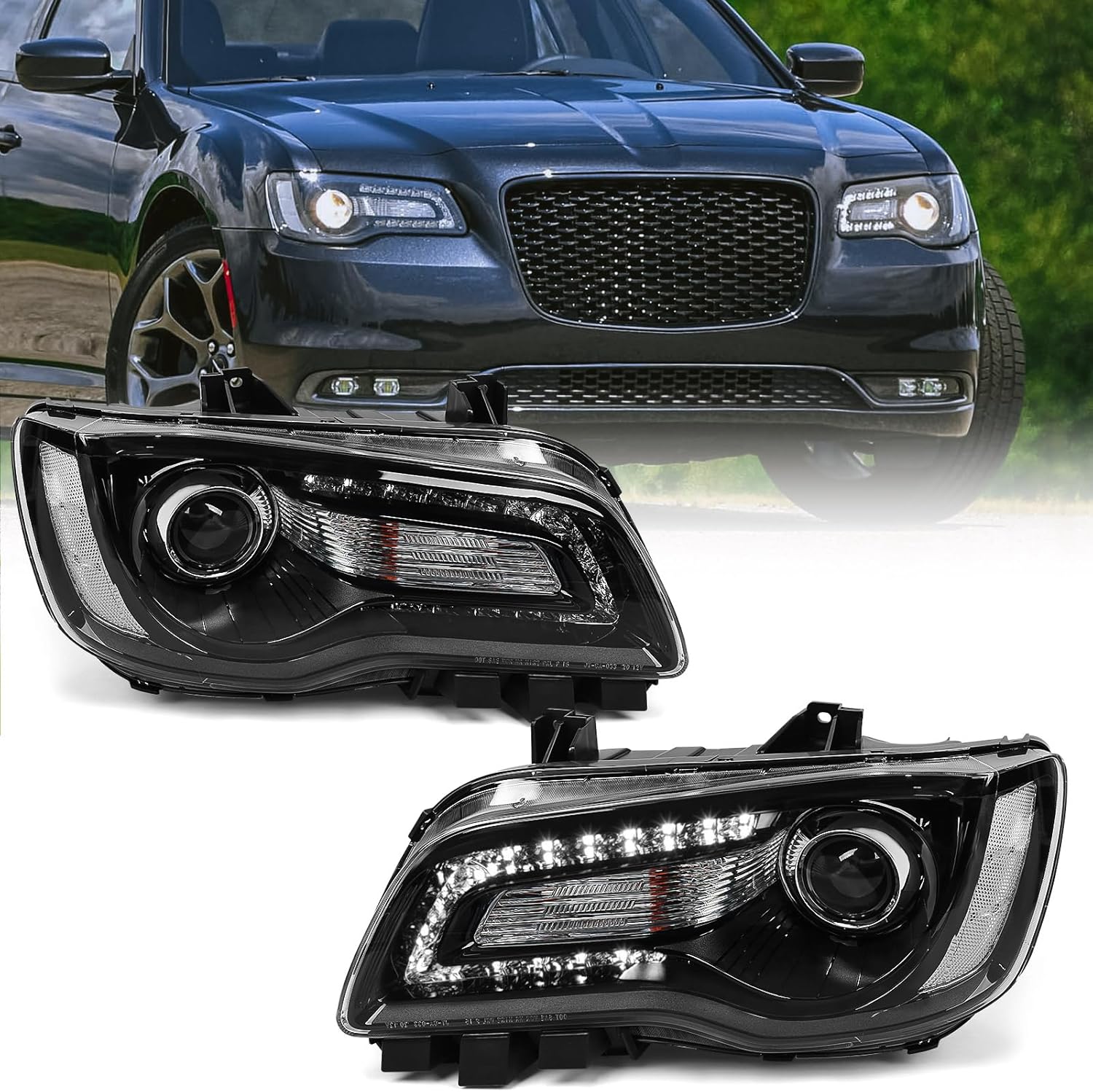 FIONE Halogen Headlights Compatible with Chrysler 300/300C 2015 2016 2017 2018 Headlamp Assembly with Black Bezel Replacement Right Passenger Side RH CH2503269 68214382AD