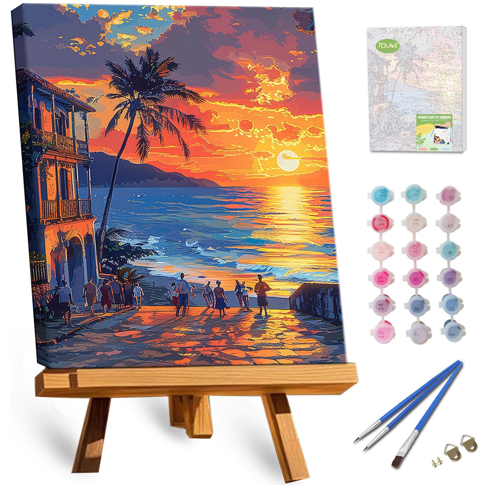 TOCARE Framed Paint by Numbers Kit for Adults, 12x16Inch Hawaii Sunset Paint by Numbers with Frame, Beach Paint by Number Framed Canvas Nature Scenery(Without Easel)