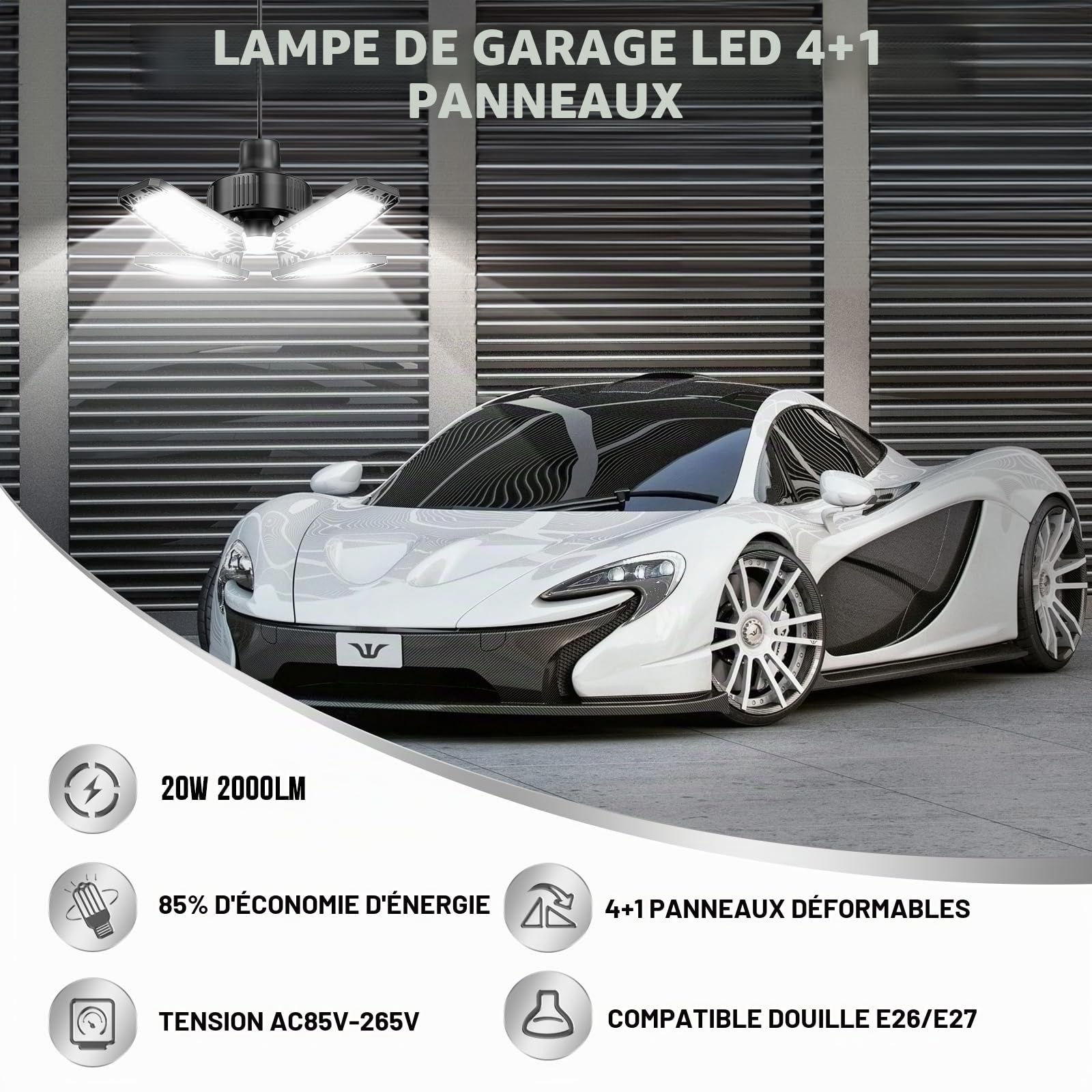 Eclairage LED Garage 4 Pièces 20W, 2000LM Lampe Plafonnier LED Garage avec 4+1 Panneaux Déformables 6500K E26/E27 Éclairage Atelier/Cave, Sous-sol (Équivalent à 120 W