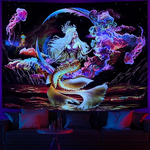 Miniatura 3 de Generleo Blacklight Sirena Luna Fantasía Galaxia Espacial Medusa UV Reactiva Montaña Océano Onda Que brilla en la oscuridad Tapiz Colgante de pared