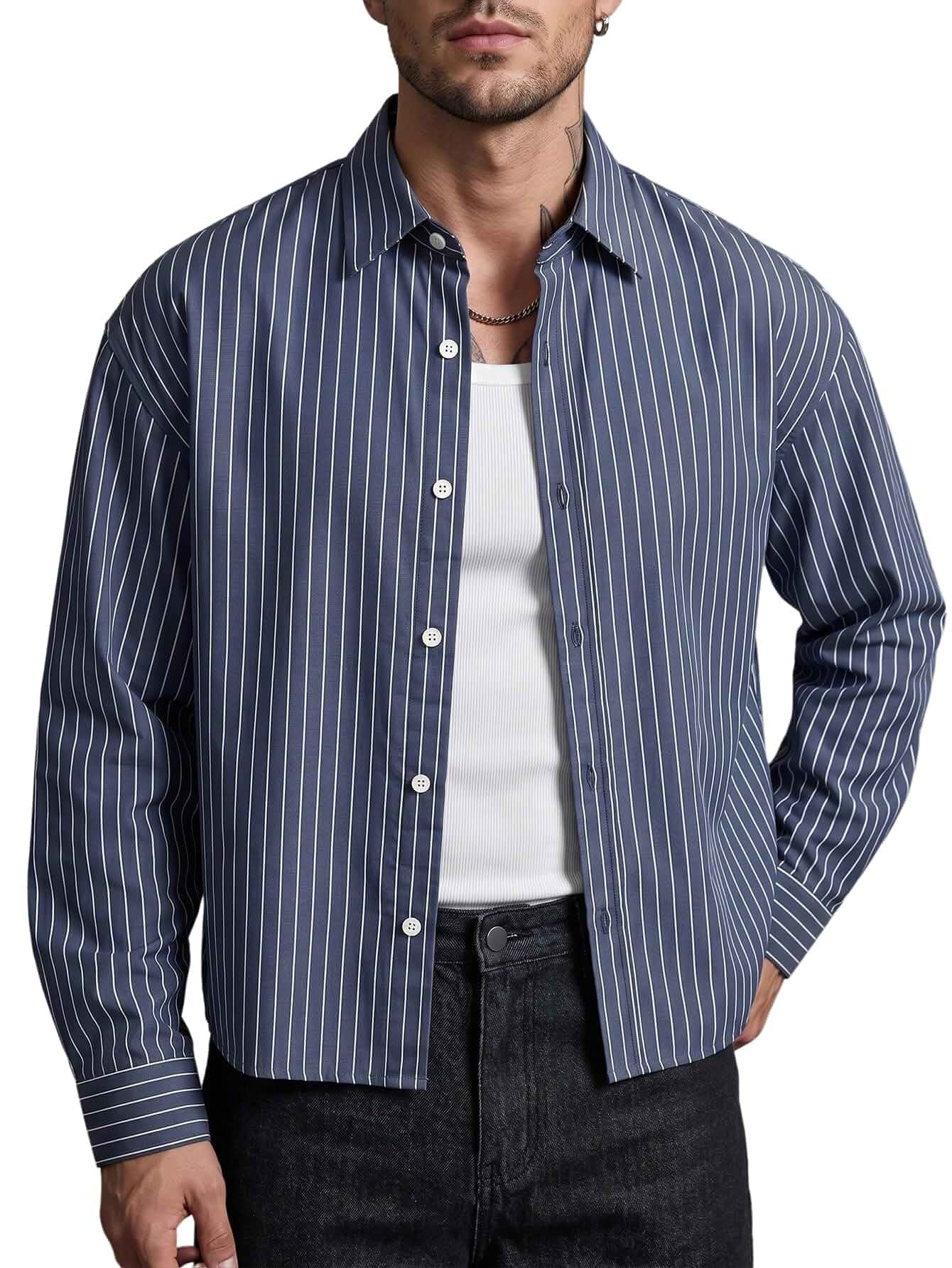 VIPWOLF Men's Cropped Shirt Boxy Button Up Long Sleeve Oversized Crop Top Boxy Button Up Shirt Men, Cropped Shirt Men, Button Down Shirts Long Sleeve, Dress Causal Tops