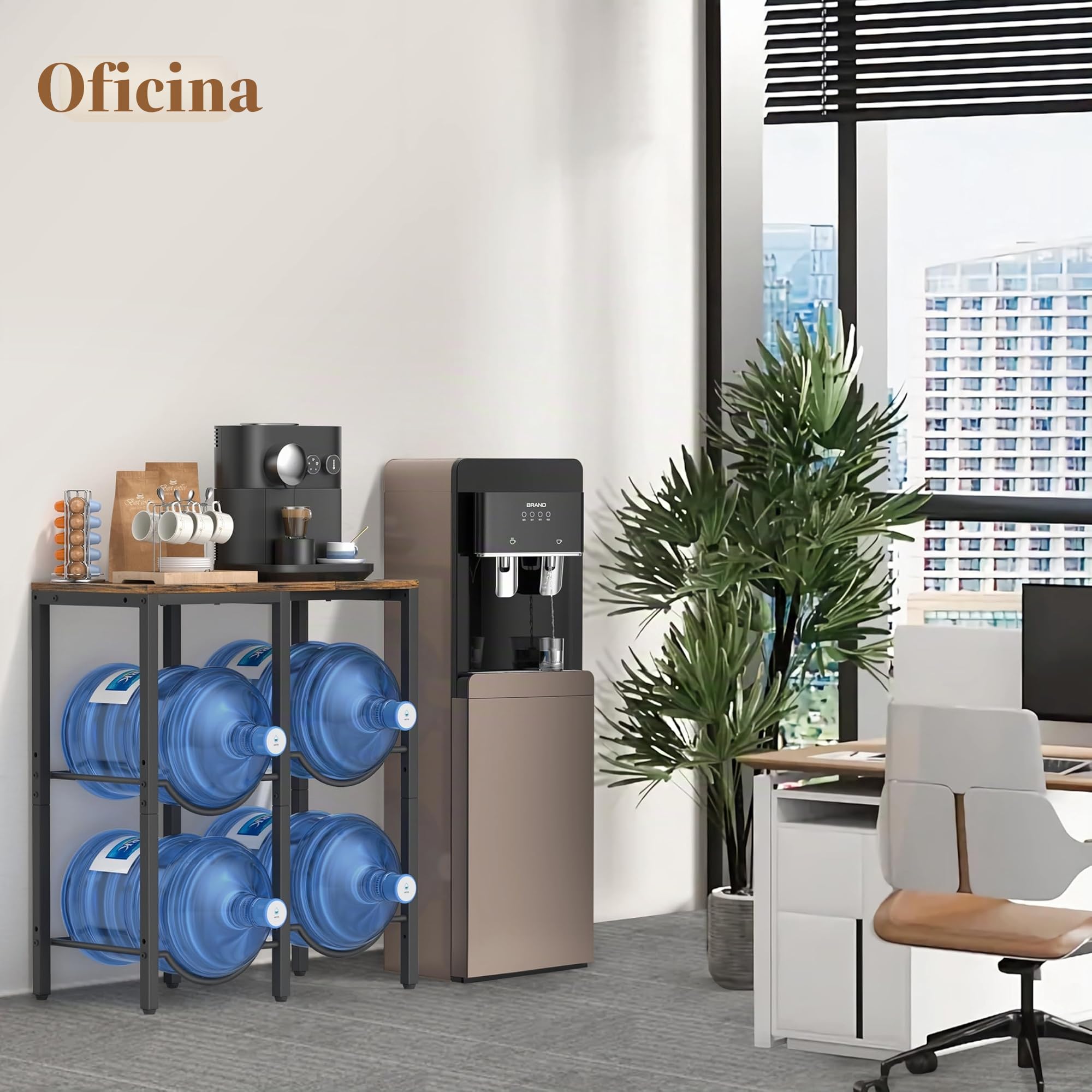 Bikoney Soporte Garrafas Agua 19L, Estante 3 Niveles con Repisa de Madera, Organizador 4 Huecos para Botellas 5 Galones, Portabotellas con Dispensador para Casa, Oficina, Garaje