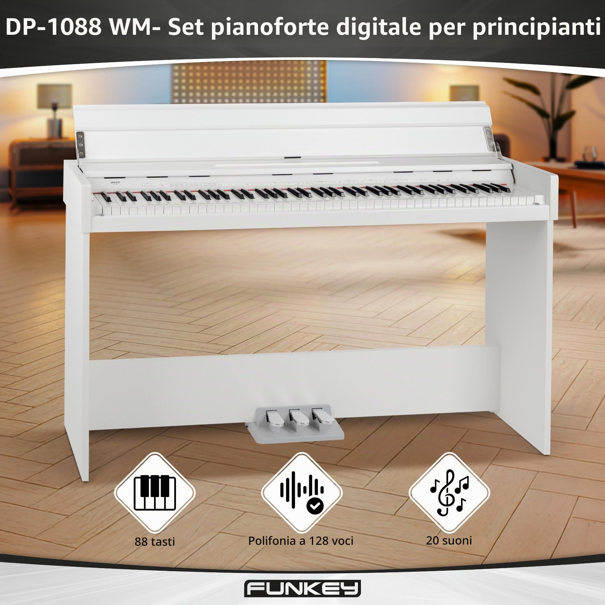 Funkey DP-1088 WM - Pianoforte Digitale set 88 Tasti sensibili al tocco - Tastiera sottile - Incluso panca, cuffie, pedale - Bianco opaco