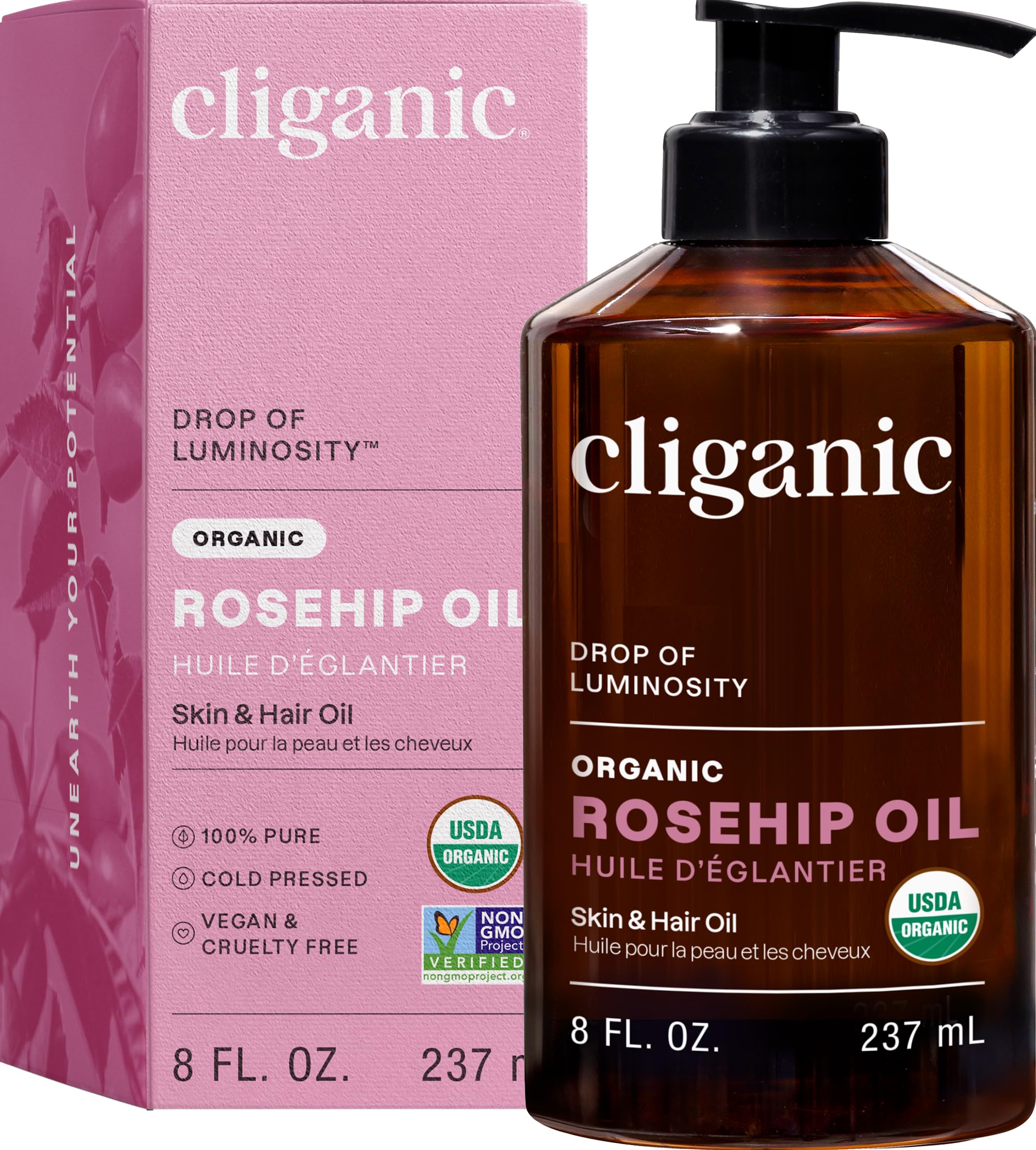 Cliganic Organic Rosehip Seed Oil for Face, 100% Pure | Natural Cold Pressed Unrefined Non-GMO | Carrier Oil for Skin, Hair & Nails (Packaging May