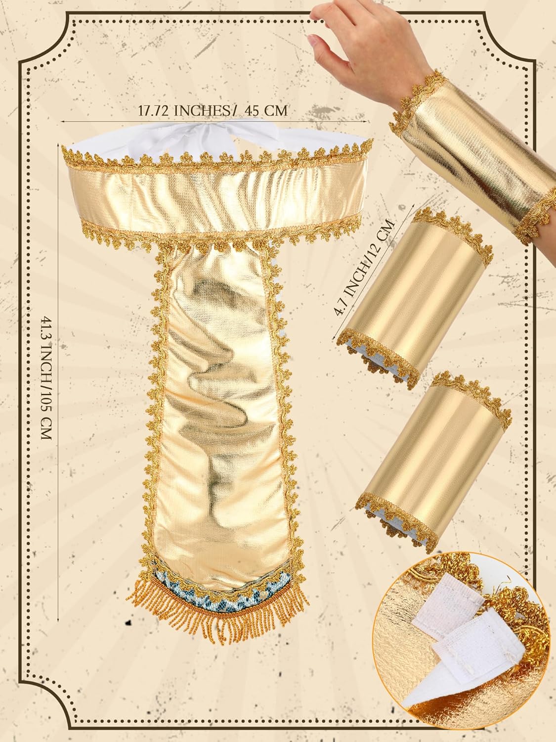 Ramede 5 Pcs Men Egyptian Pharaoh Costume Set Included Hat Headpiece Cuffs Pharaoh Cane Belt Collar for Halloween Cosplay(Classic) - Image 4