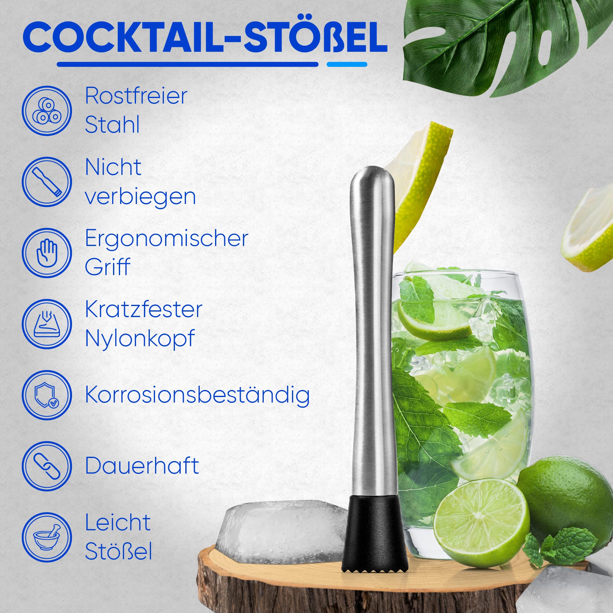 Cocktail Stößel-Set [Edelstahl] mit Zubehör - Muddler, Barlöffel & 2 Strohhalme - Eiscrusher, Stampfer, Barstößel, Caipirinha-Stössel, Mojito-Mörser, Limettenpresse | Profi-Barzubehör