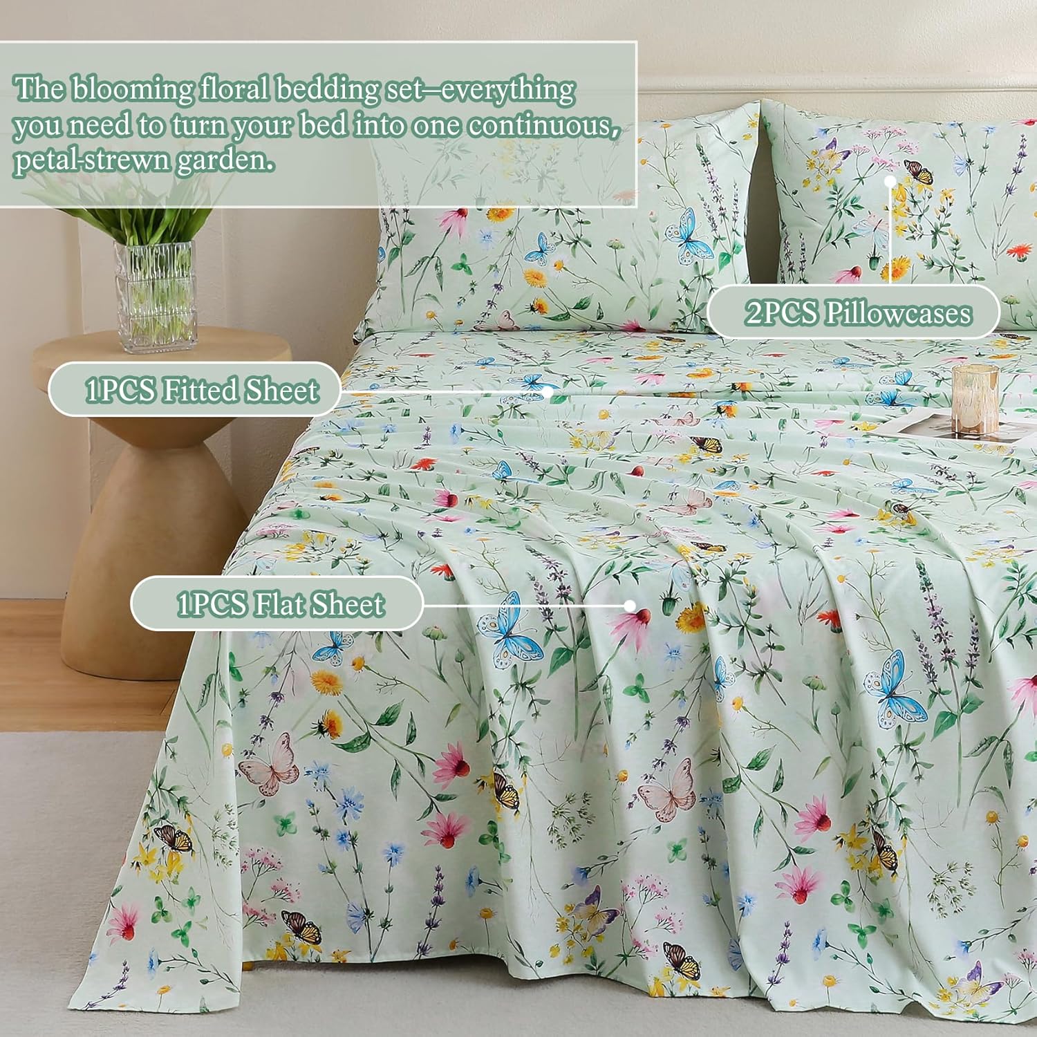 Botanical Floral Sheet Set King Size Bed Sets Spring Flower Butterfly Printed Sheets Soft Breathable Microfiber 15 inche Deep Ppckets Fitted Sheet Adults Woman Bedroom Decor