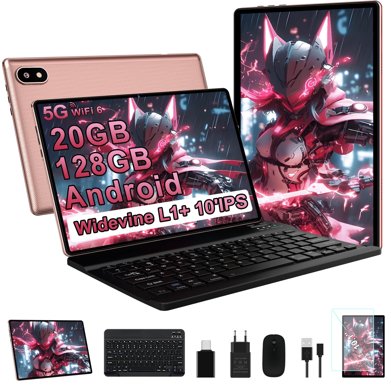 Tablet 10 Pollici Android con 20GB RAM+128GB ROM (TF 2TB), 5G WiFi 6, Octa-Core, 2.0 GHz, GMS, Bluetooth 5, 5MP + 8MP, 1280 * 800 FHD IPS, 2025 Newest Tablet Widevine L1 con Tastiera e Mouse, Oro Rosa